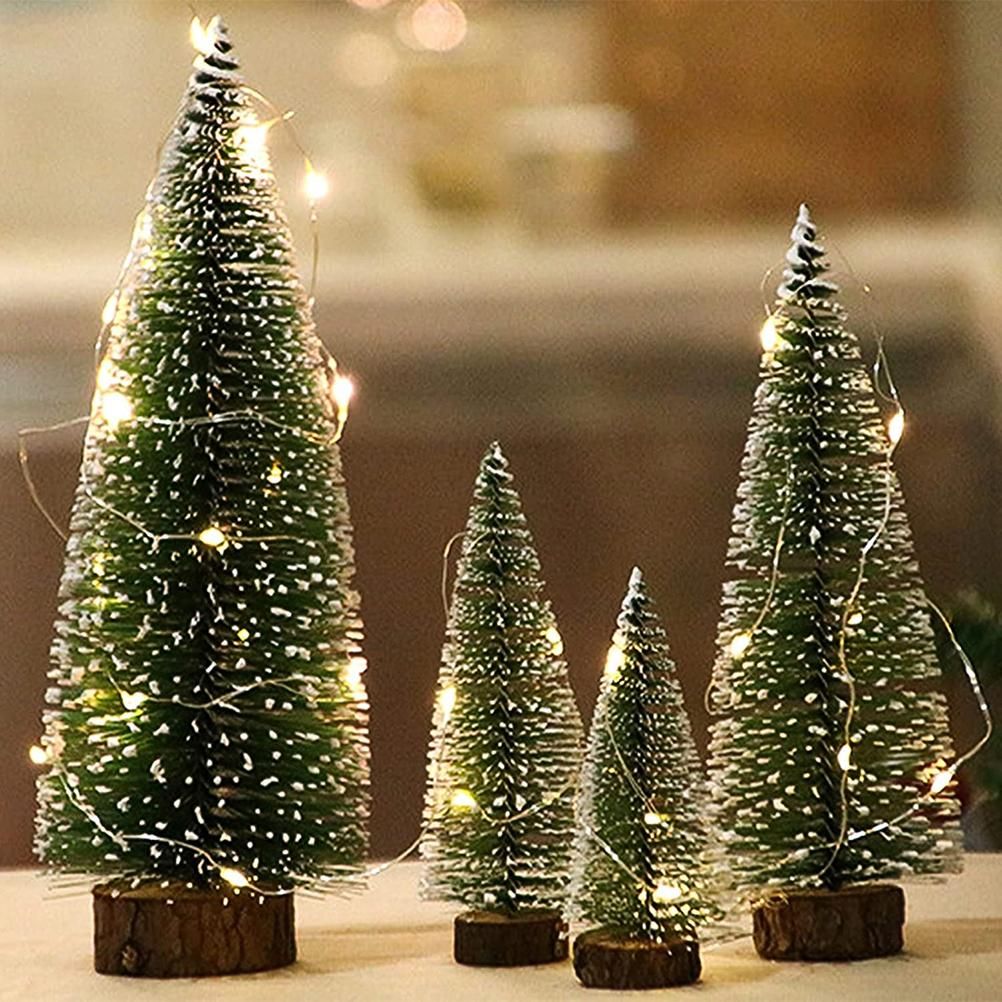 7PCS Christmas Decorations Mini Sisal Christmas Trees Pine Trees Ornaments with Lamp and Wooden Base for Christmas Party Home Decoration