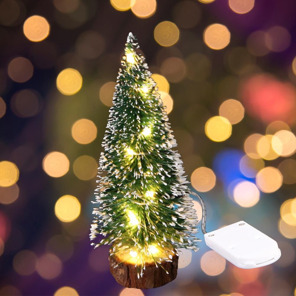 7PCS Christmas Decorations Mini Sisal Christmas Trees Pine Trees Ornaments with Lamp and Wooden Base for Christmas Party Home Decoration