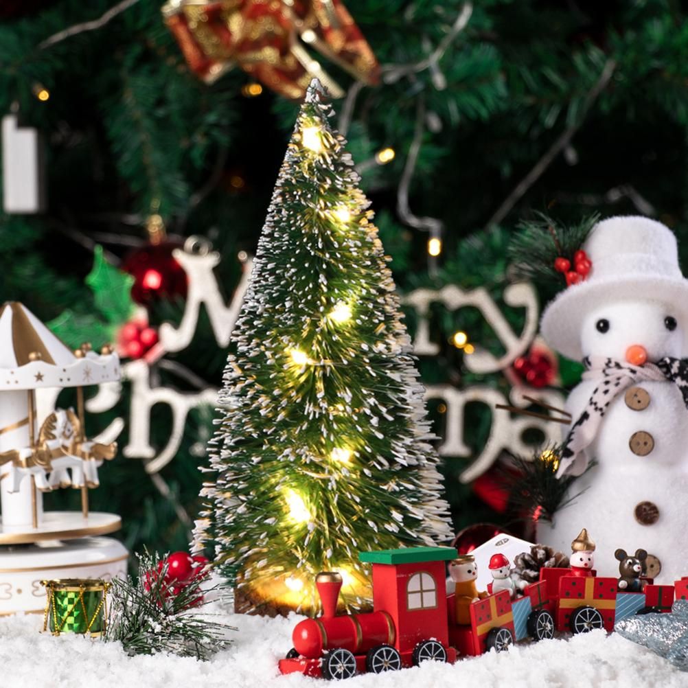 7PCS Christmas Decorations Mini Sisal Christmas Trees Pine Trees Ornaments with Lamp and Wooden Base for Christmas Party Home Decoration