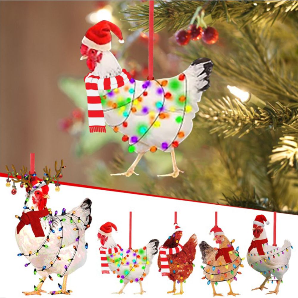Christmas Scarf Chicken Pendant Cute Xmas Tree Hanging Wooden Chicken Rooster Pendant Indoor Outdoor Festival Party Home Decor
