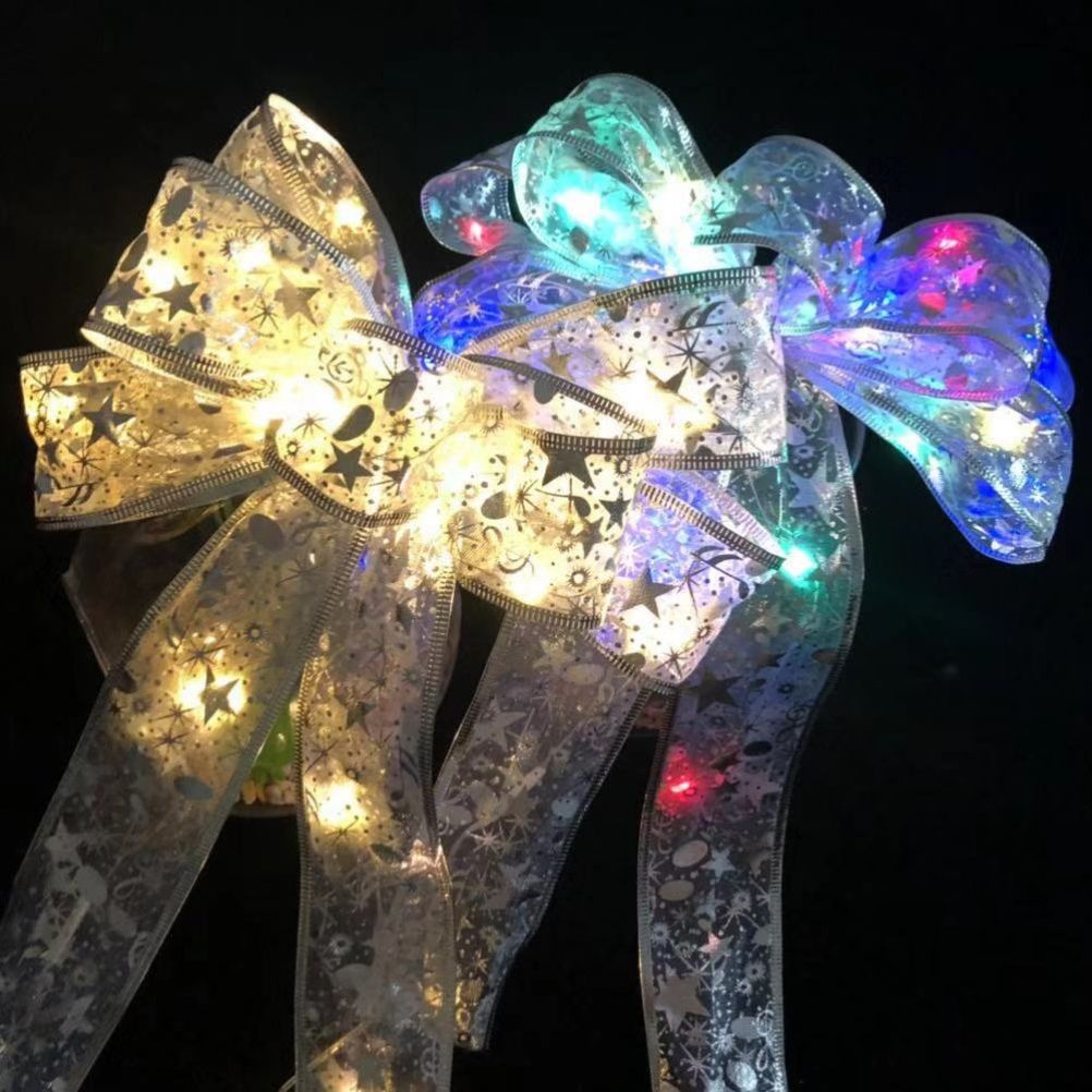 Glowing Christmas Transparent Bow Hanging Pendant Light Up Bow Hanging Ornaments String Lamp for Christmas Tree and Garden