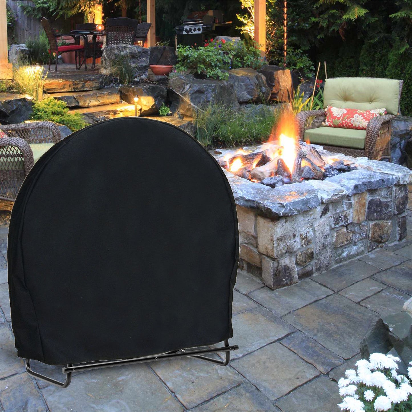 Log Hoop Cover 210D Oxford Waterproof Drawstring Heavy Duty Round Log Rack Cover Black 40 x 24 x 41inch