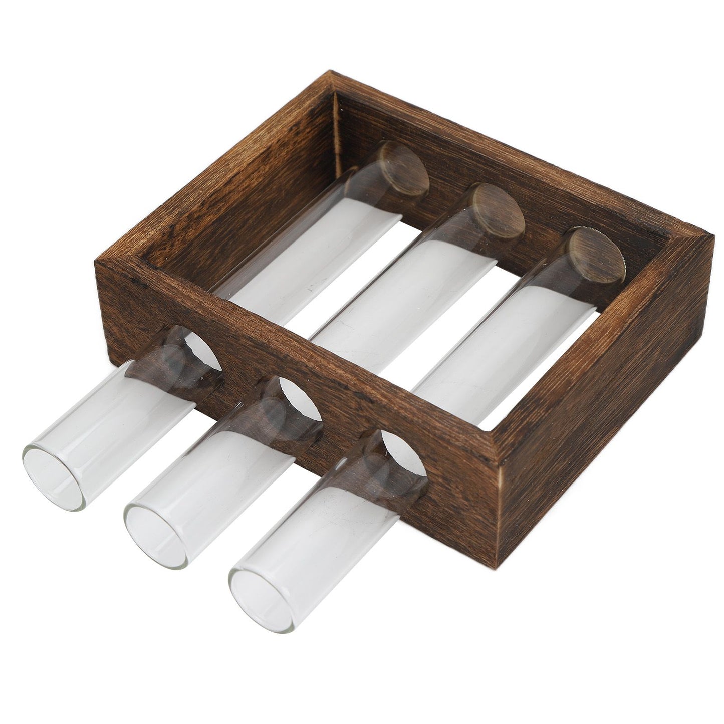 Tabletop Glass Tube Vase High Borosilicate Glass Pine Wood Frame Retro Tube Plant Vase for Hydroponic Plants Home Decoration3 Bottles