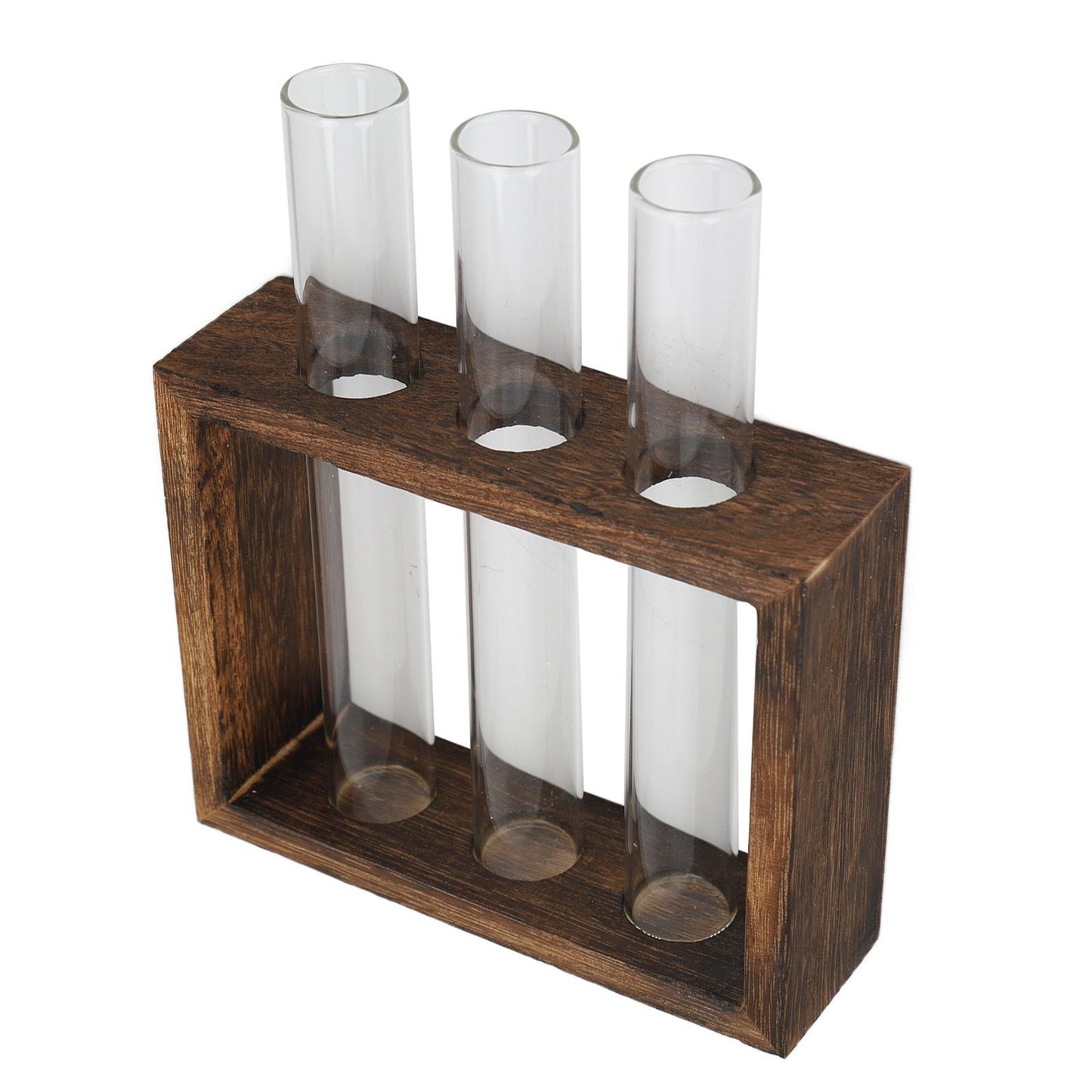 Tabletop Glass Tube Vase High Borosilicate Glass Pine Wood Frame Retro Tube Plant Vase for Hydroponic Plants Home Decoration3 Bottles