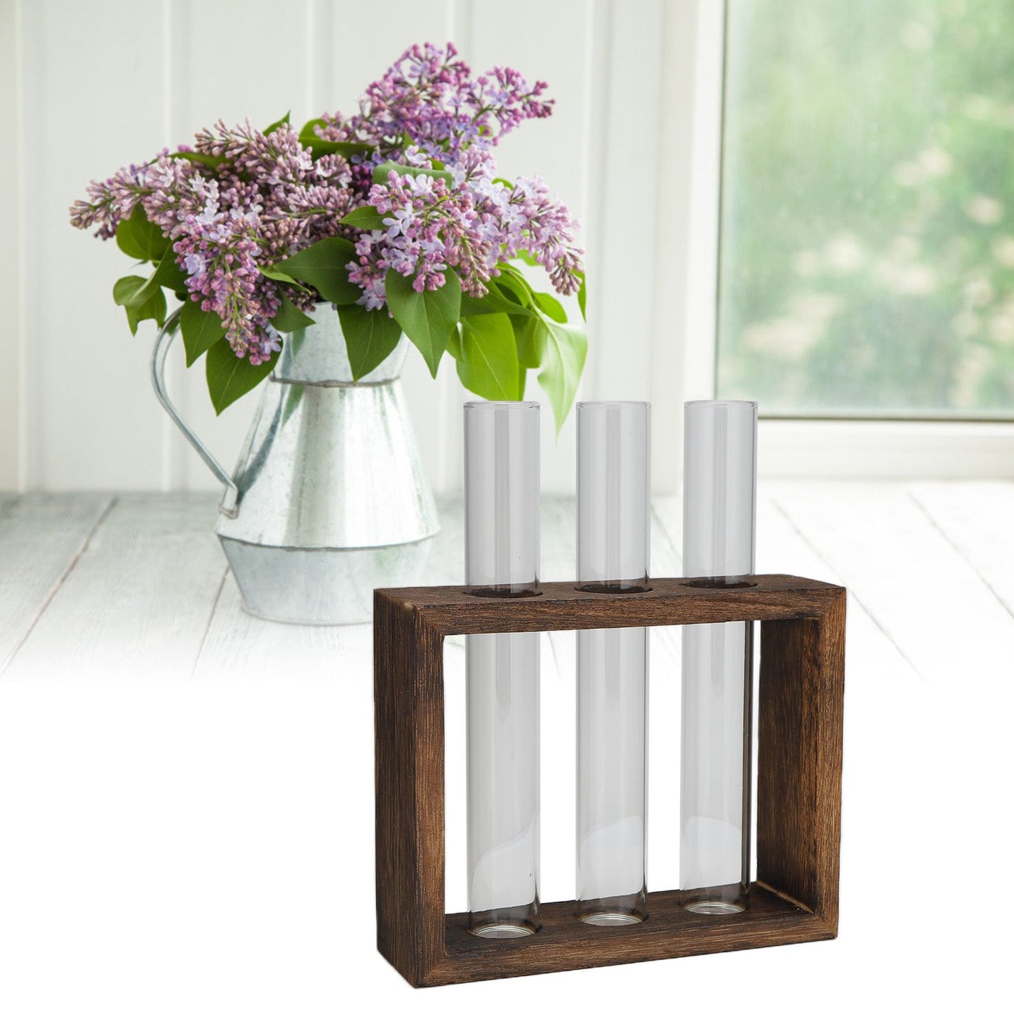 Tabletop Glass Tube Vase High Borosilicate Glass Pine Wood Frame Retro Tube Plant Vase for Hydroponic Plants Home Decoration3 Bottles