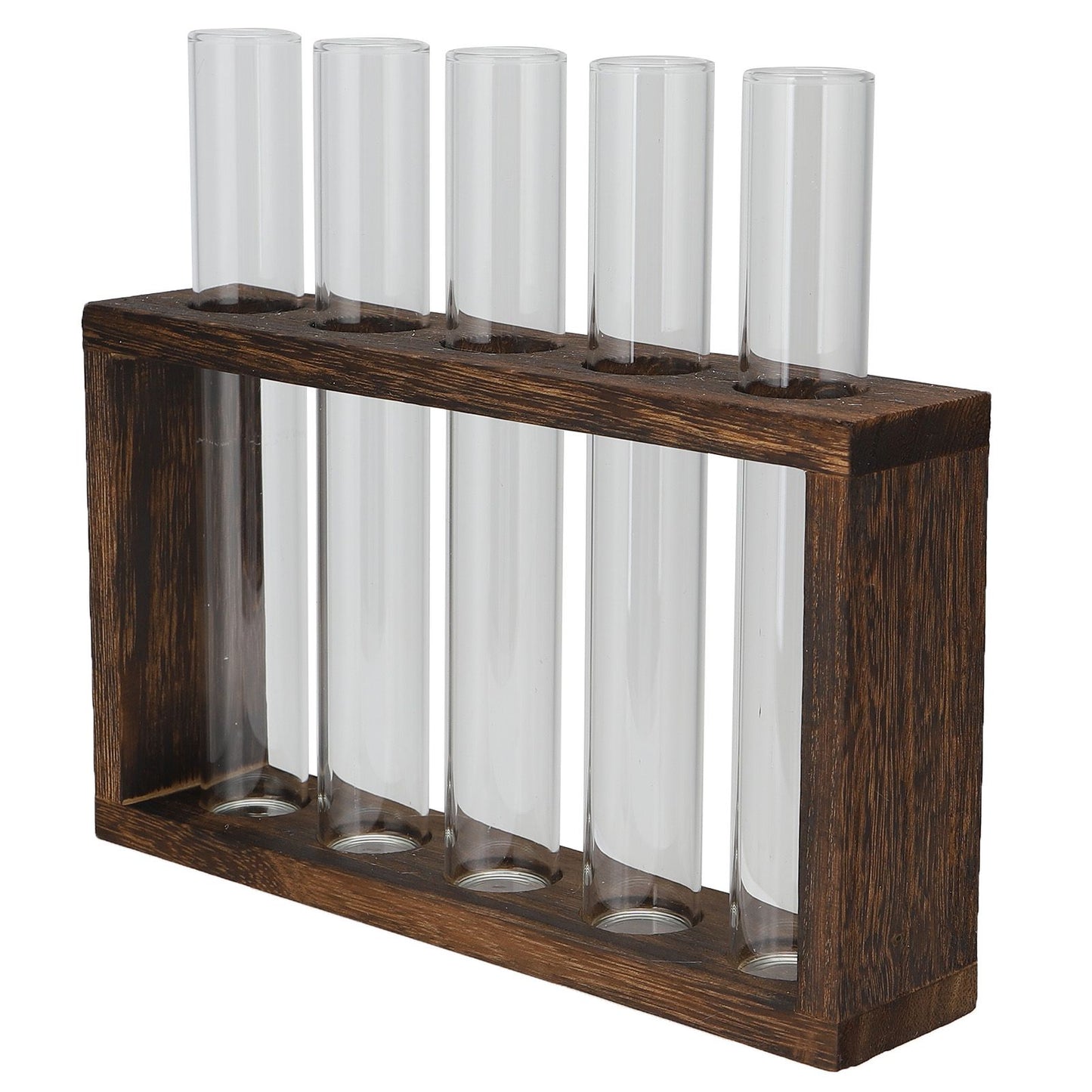 Tabletop Glass Tube Vase High Borosilicate Glass Pine Wood Frame Retro Tube Plant Vase for Hydroponic Plants Home Decoration5 Bottles