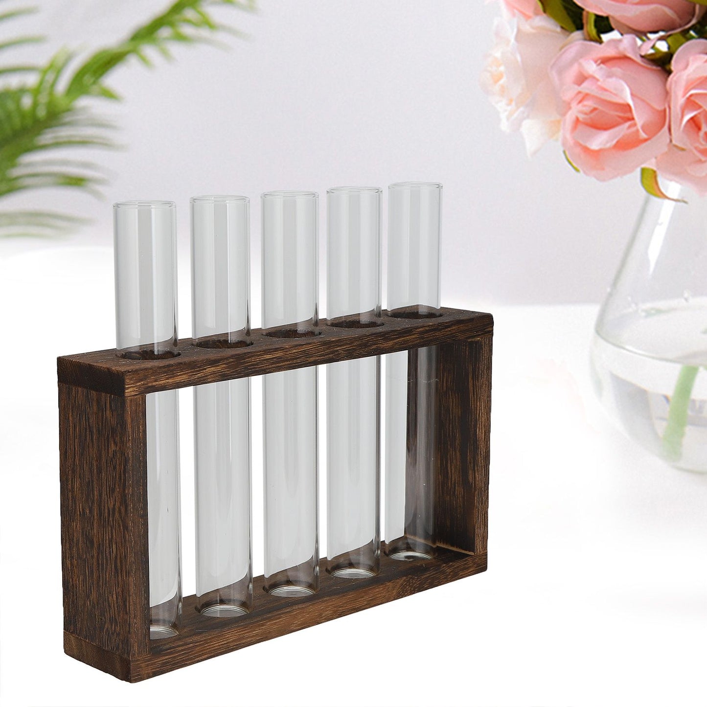 Tabletop Glass Tube Vase High Borosilicate Glass Pine Wood Frame Retro Tube Plant Vase for Hydroponic Plants Home Decoration5 Bottles