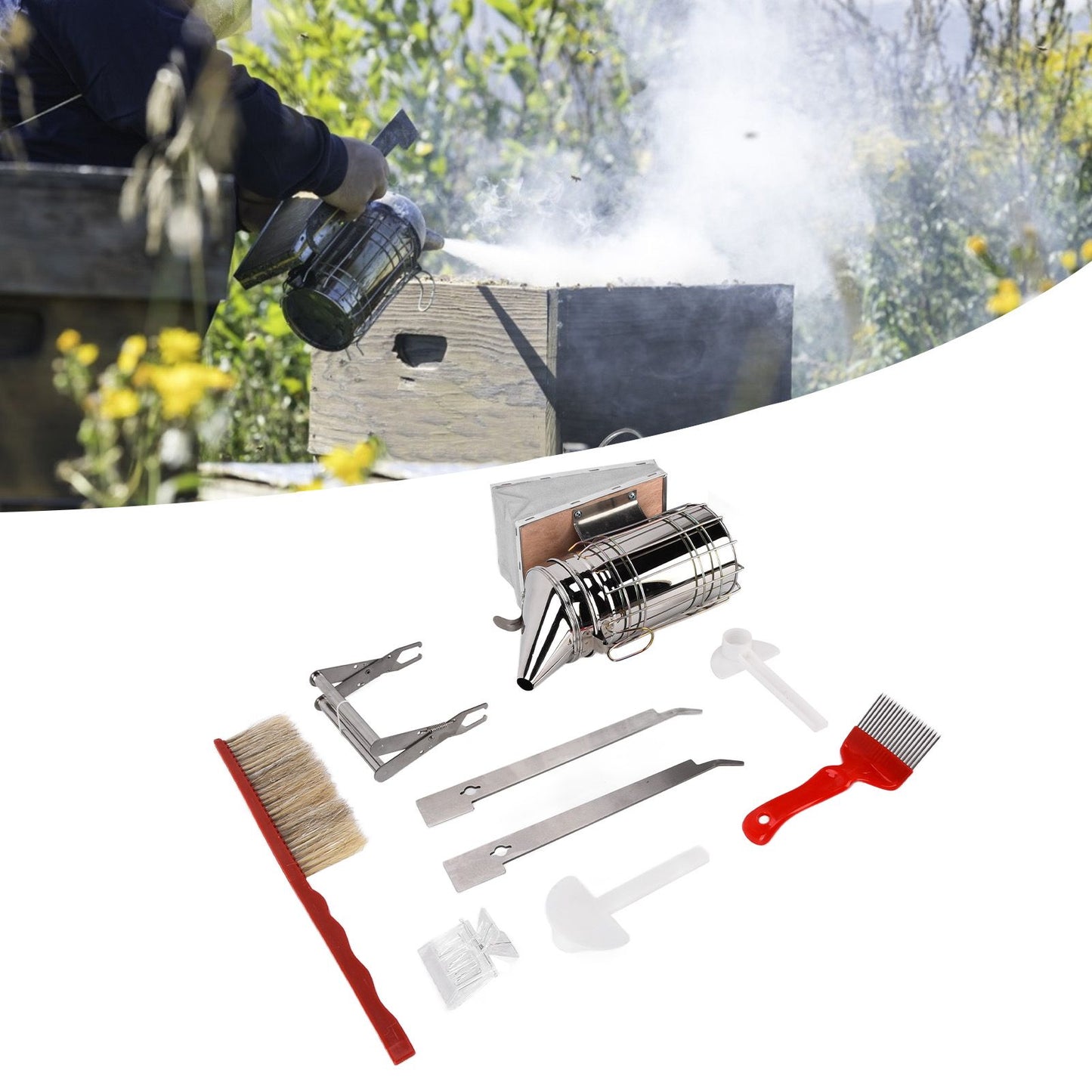 Beekeeping Tool Kit Comb Frame Clip Red Needle Knife Water Feeder Bee Brush Scraper Bee Smoker Queen Bee Catcher