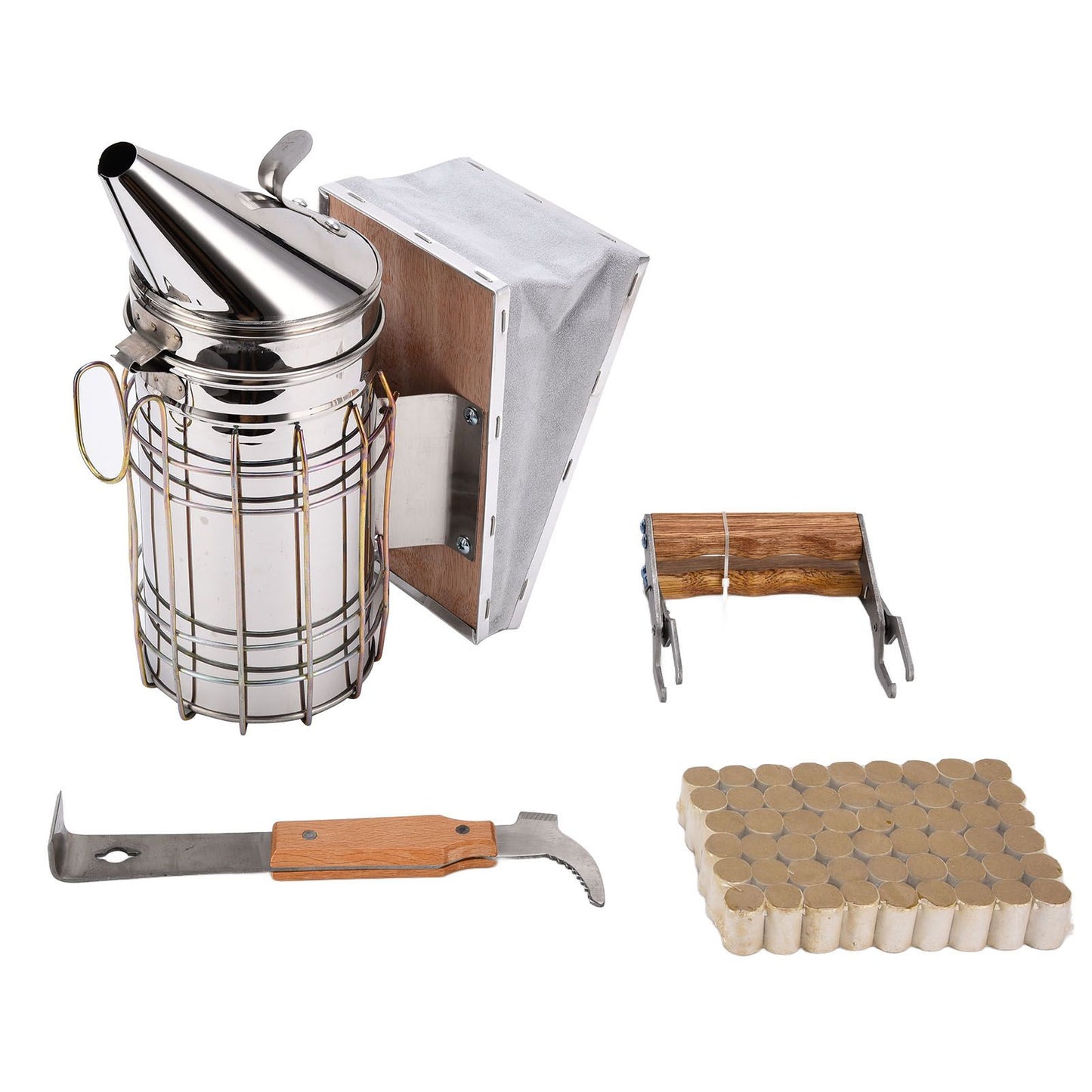 4PCS/Set Beehive Smoker Set Frame Clip Scraper Moxa Cone Stainless Steel Smoker Beekeeper Starter Kit for Beekeeping