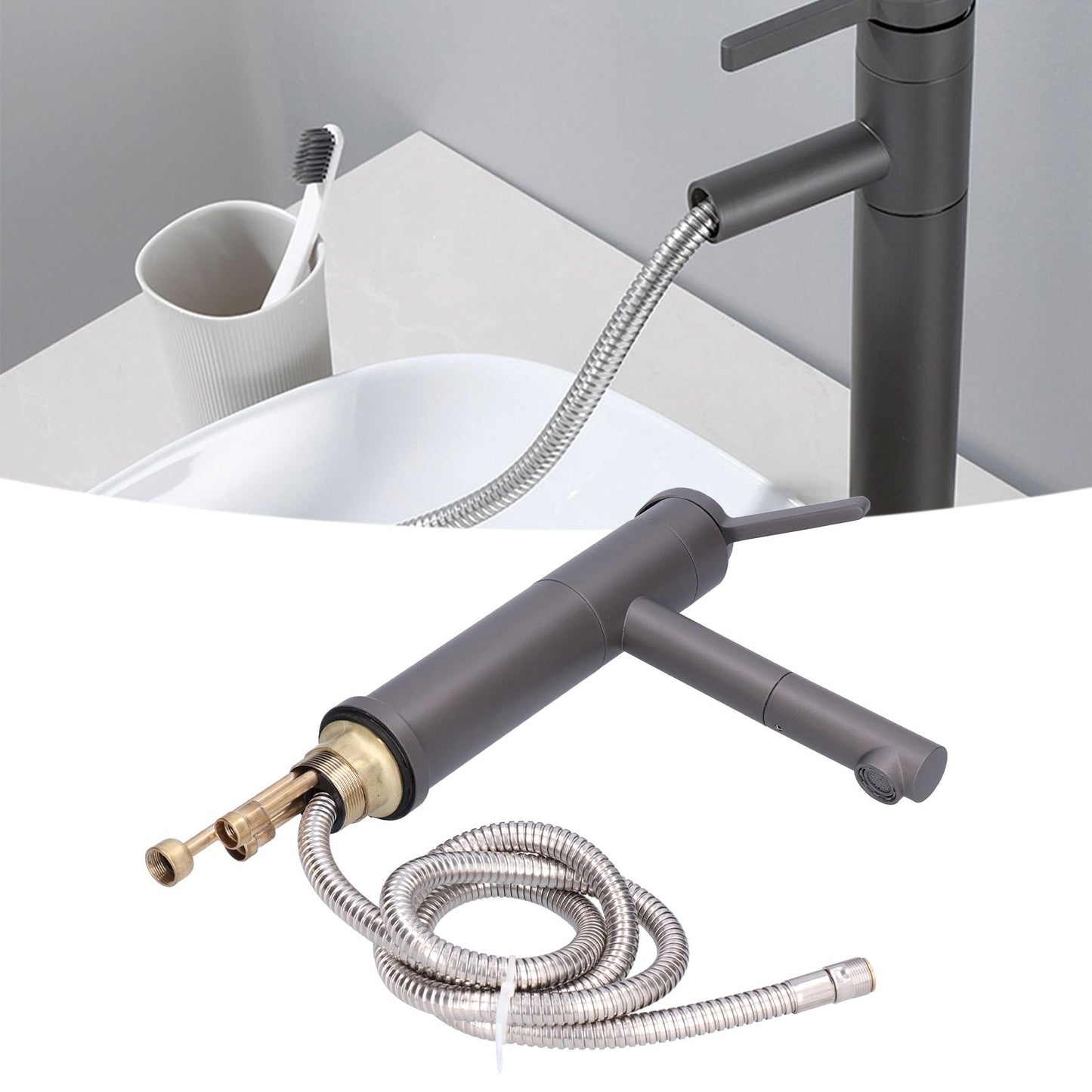 G1/2 Above Counter Basin Pull Out Faucet Set Cold Hot Mixing Water Tap with Water Pipes for Home Bathroom Gray