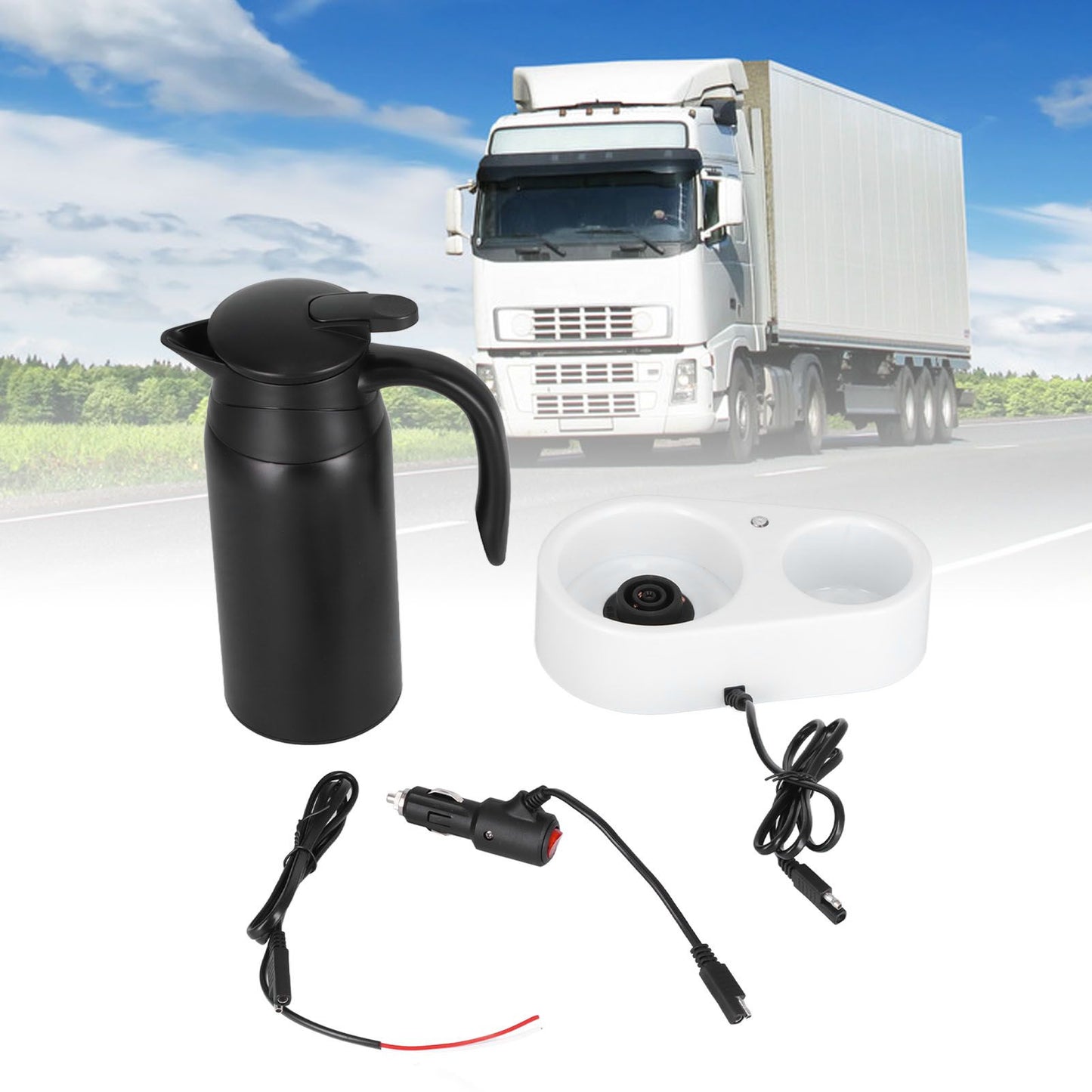 800ml Portable Electric Car Kettles Car Water Dispenser with White Base Silicone Sealing Ring Cover for Travel Boil WaterBlack
