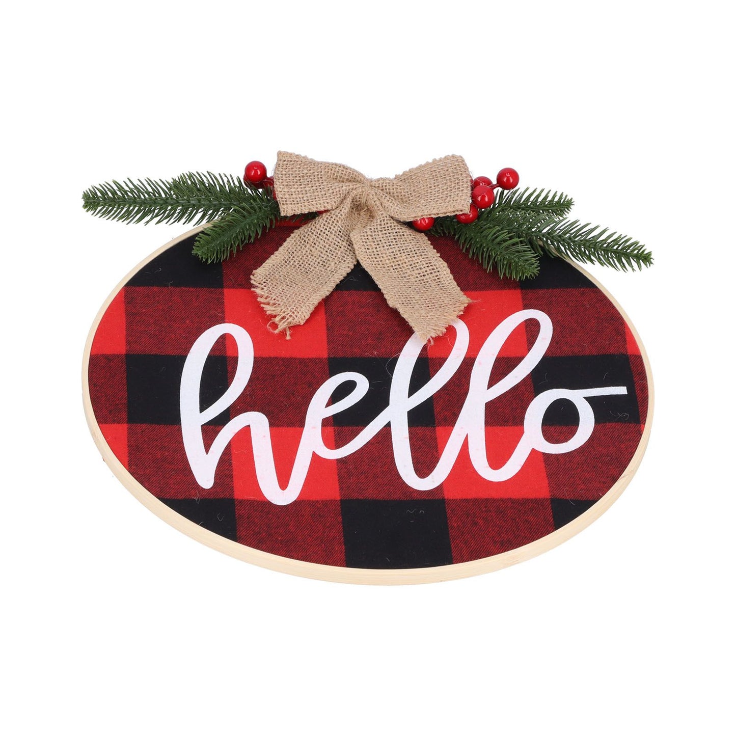 Hello Sign for Front Door Check Plaid Linen Round Front Door Wreaths for Christmas Decoration