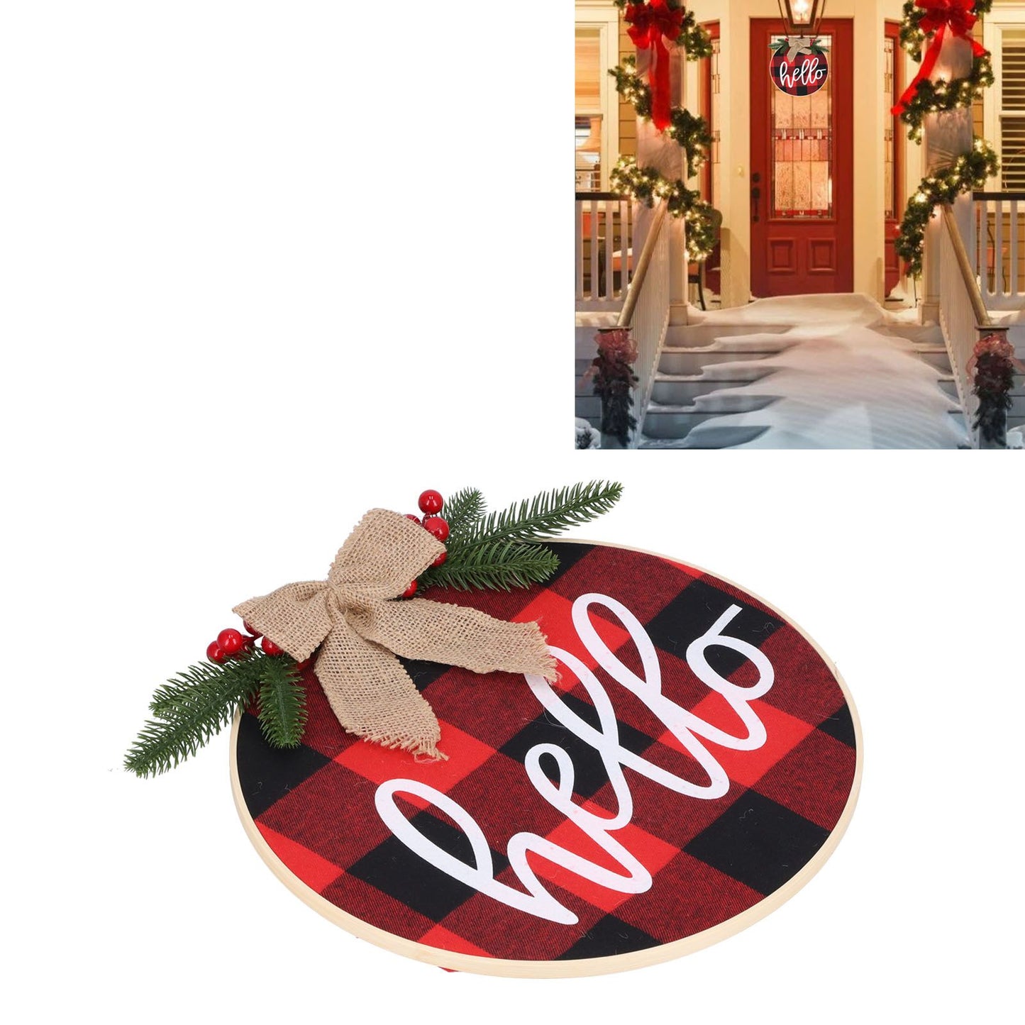 Hello Sign for Front Door Check Plaid Linen Round Front Door Wreaths for Christmas Decoration