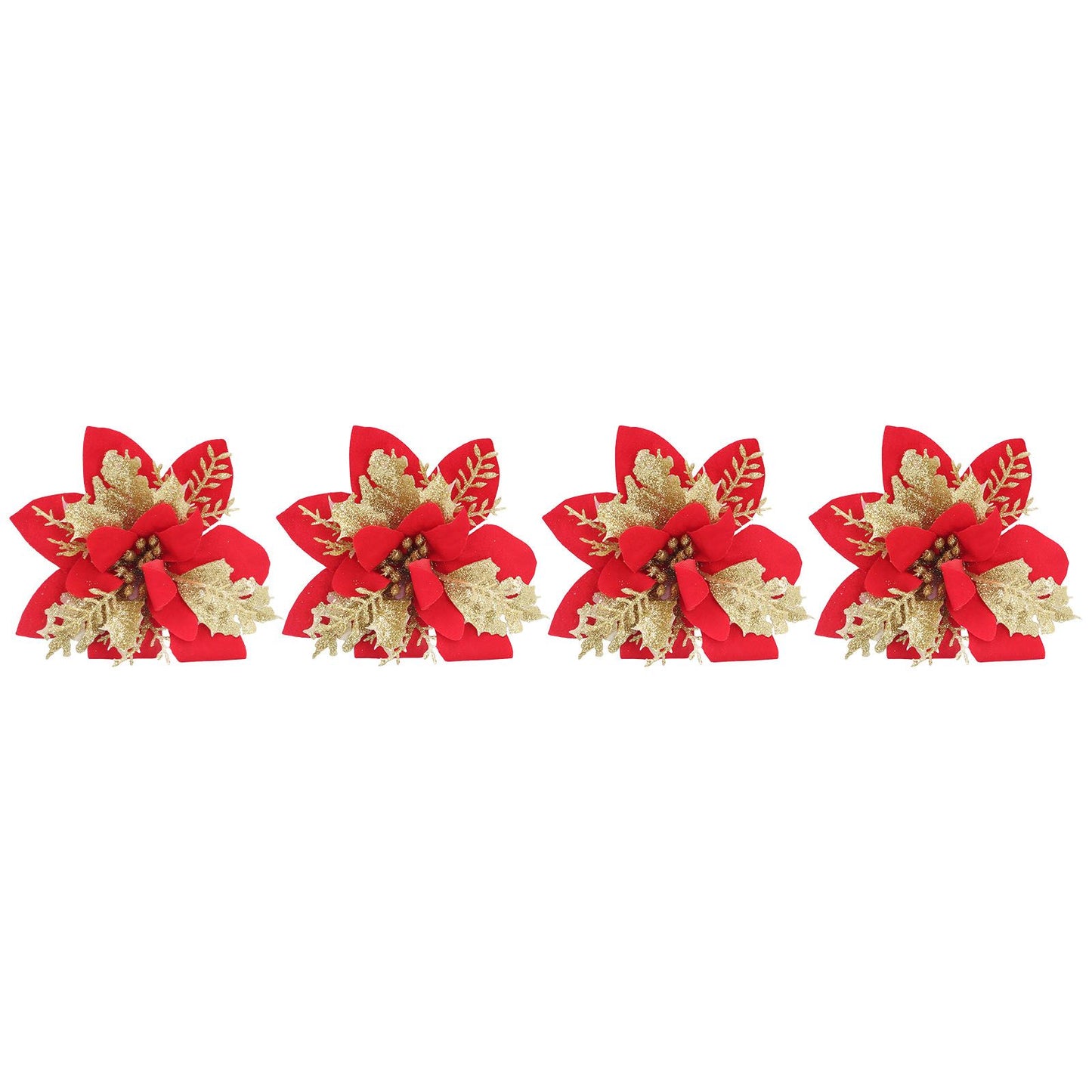 4pcs Christmas Tree Flowers Artificial Golden Red Poinsettia Christmas Tree Glitter Flowers with Golden Powder