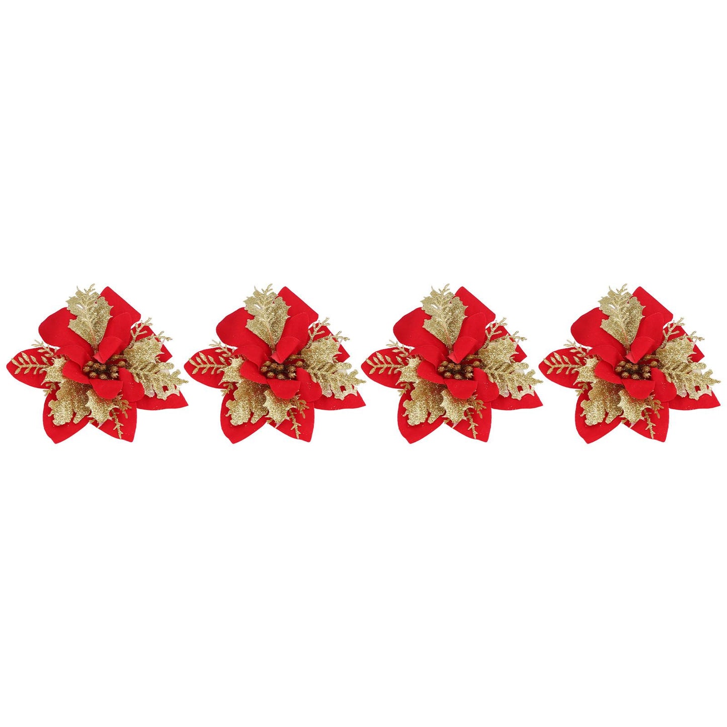 4pcs Christmas Tree Flowers Artificial Golden Red Poinsettia Christmas Tree Glitter Flowers with Golden Powder
