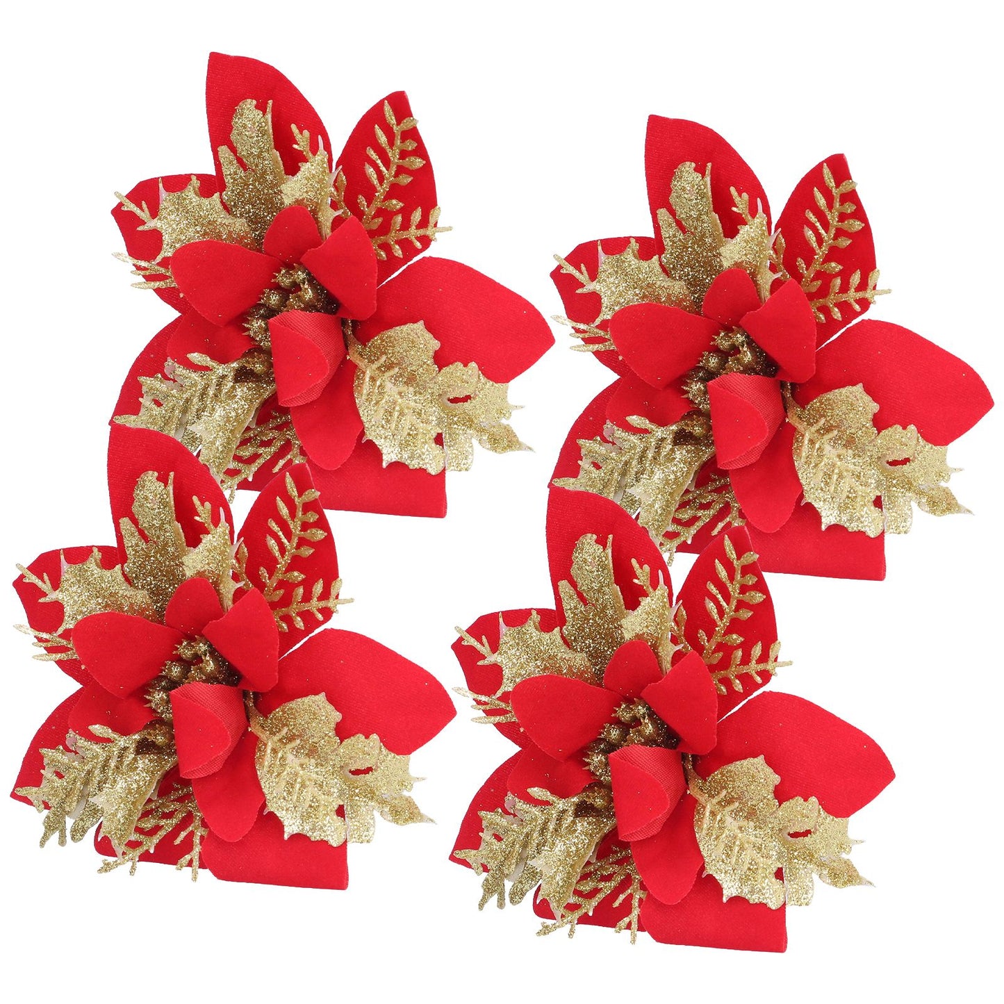 4pcs Christmas Tree Flowers Artificial Golden Red Poinsettia Christmas Tree Glitter Flowers with Golden Powder
