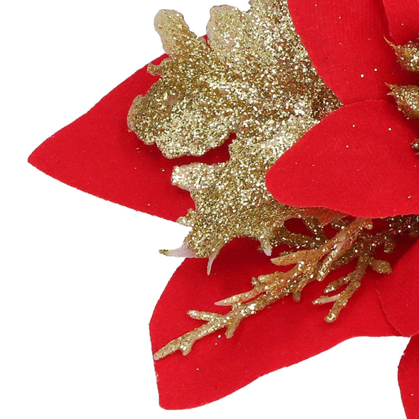 4pcs Christmas Tree Flowers Artificial Golden Red Poinsettia Christmas Tree Glitter Flowers with Golden Powder
