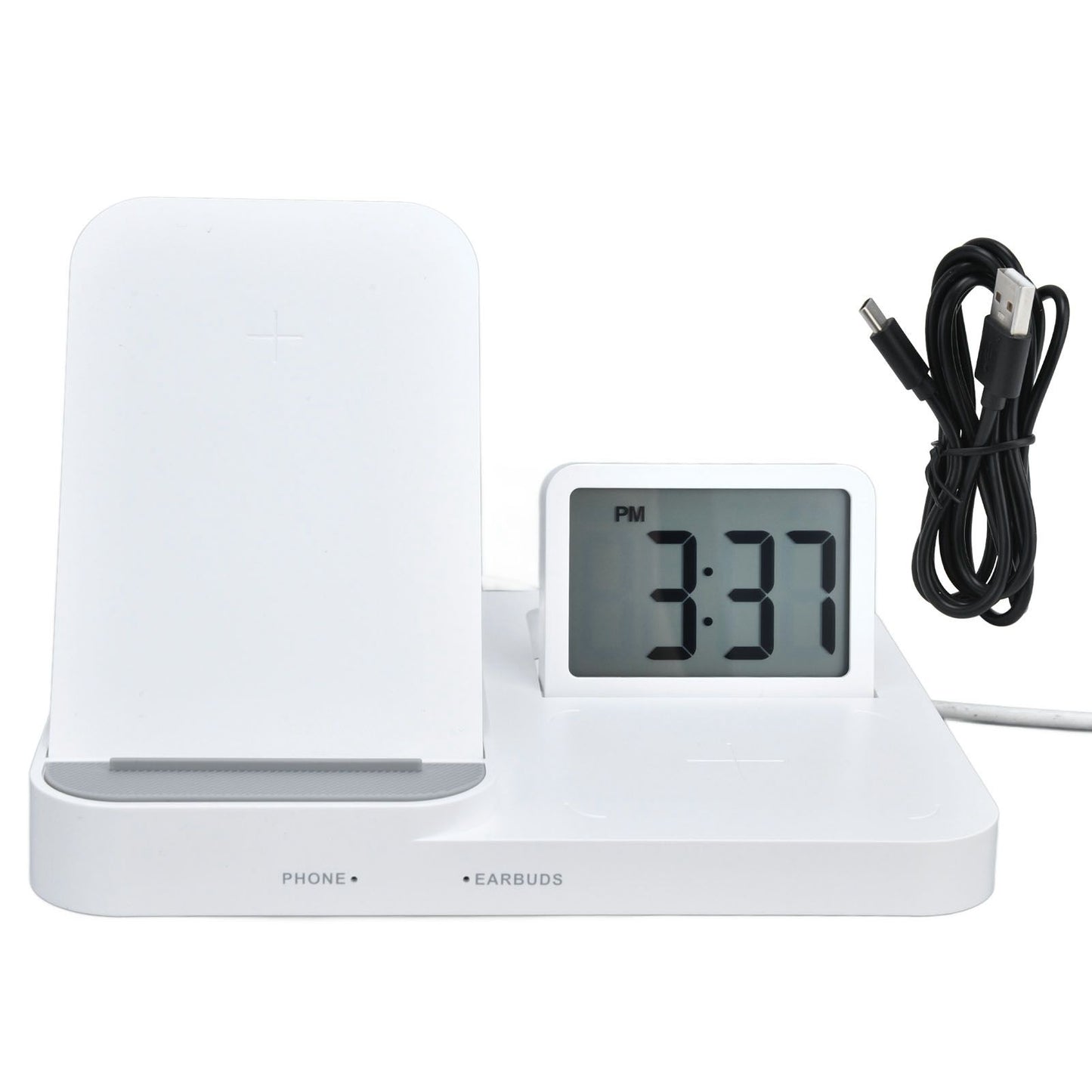 3 in 1 LCD Digital Alarm Clock with Phone Earphone Wireless Charger USB Powered for Home Office White