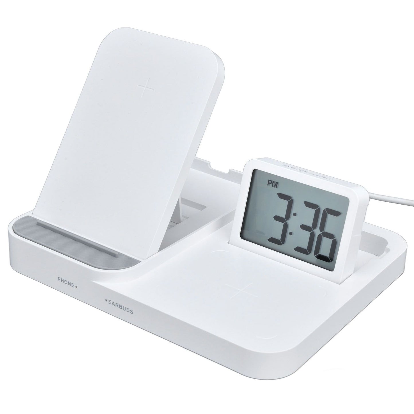 3 in 1 LCD Digital Alarm Clock with Phone Earphone Wireless Charger USB Powered for Home Office White