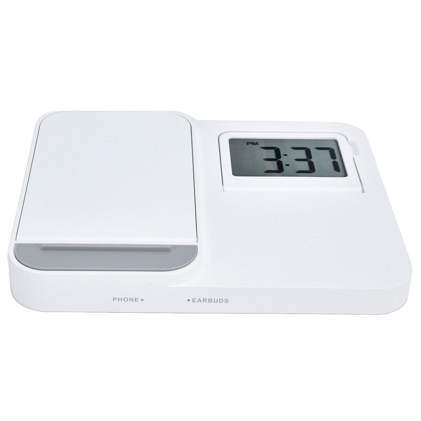 3 in 1 LCD Digital Alarm Clock with Phone Earphone Wireless Charger USB Powered for Home Office White
