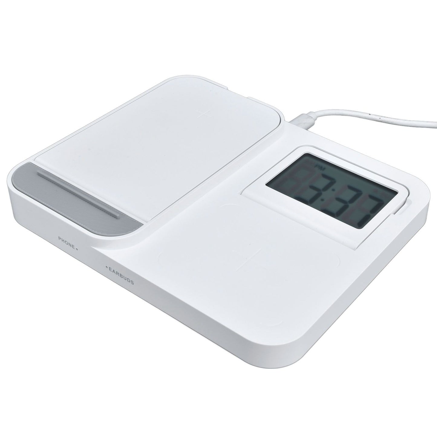 3 in 1 LCD Digital Alarm Clock with Phone Earphone Wireless Charger USB Powered for Home Office White