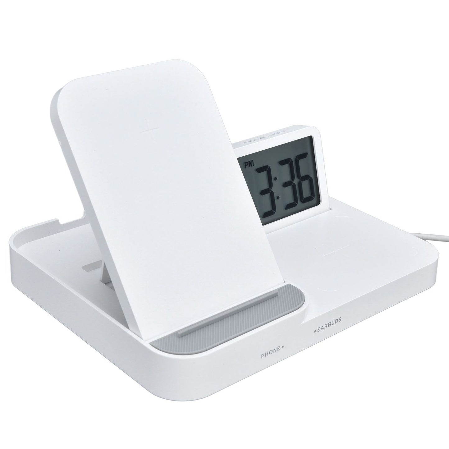3 in 1 LCD Digital Alarm Clock with Phone Earphone Wireless Charger USB Powered for Home Office White