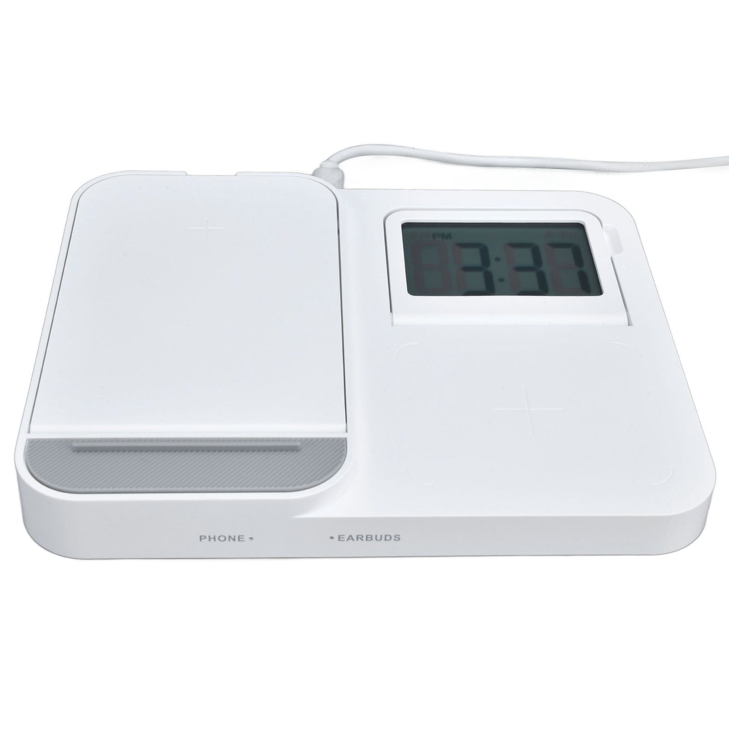 3 in 1 LCD Digital Alarm Clock with Phone Earphone Wireless Charger USB Powered for Home Office White