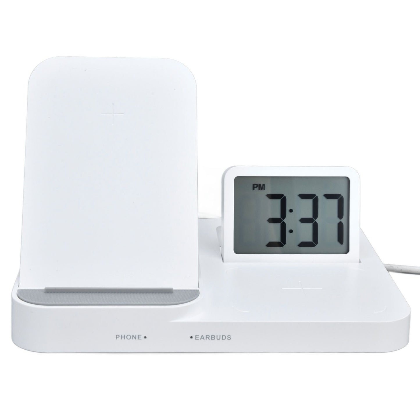 3 in 1 LCD Digital Alarm Clock with Phone Earphone Wireless Charger USB Powered for Home Office White