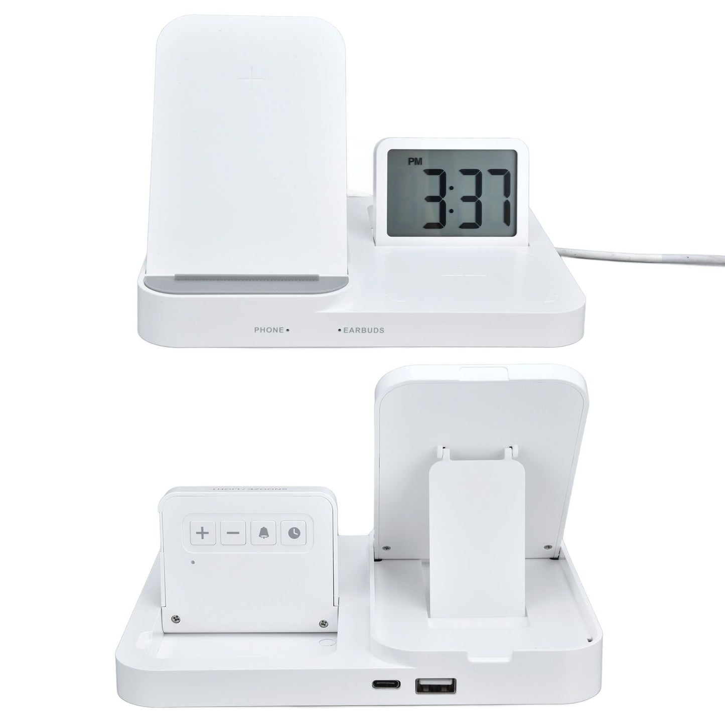 3 in 1 LCD Digital Alarm Clock with Phone Earphone Wireless Charger USB Powered for Home Office White