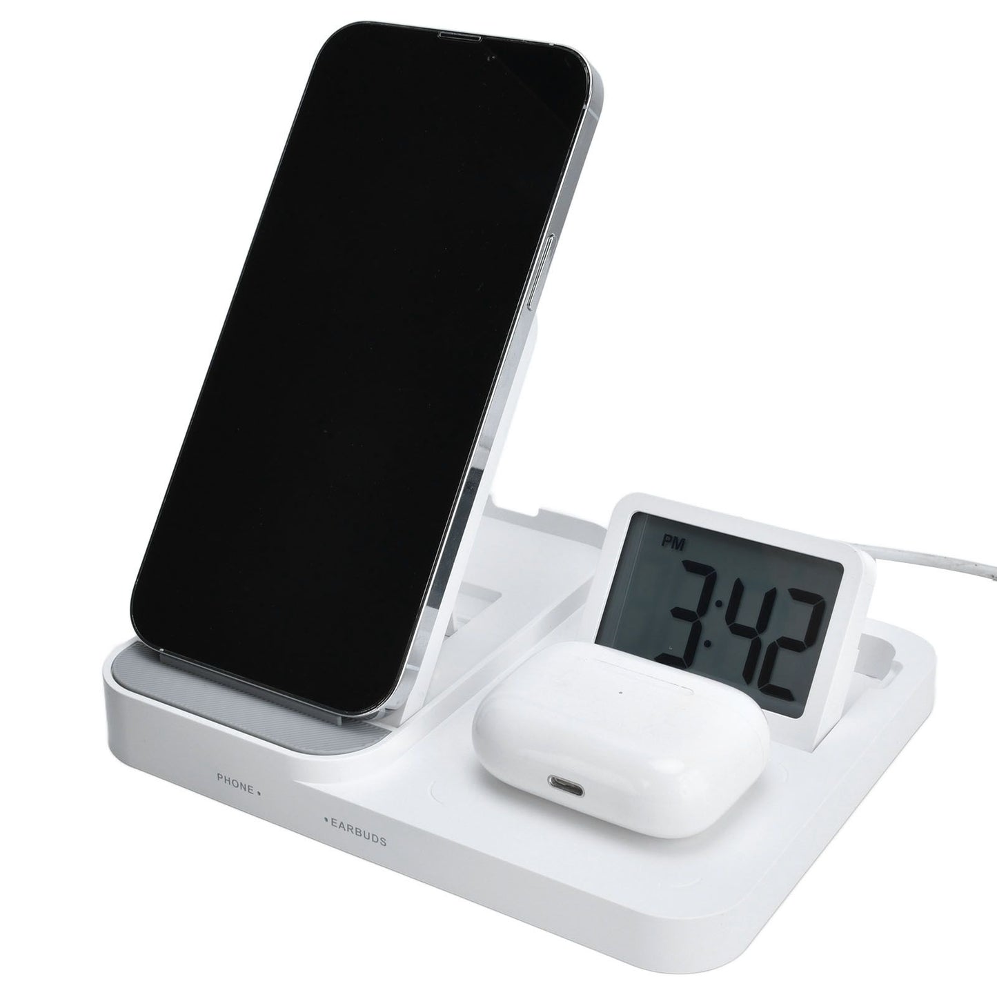3 in 1 LCD Digital Alarm Clock with Phone Earphone Wireless Charger USB Powered for Home Office White