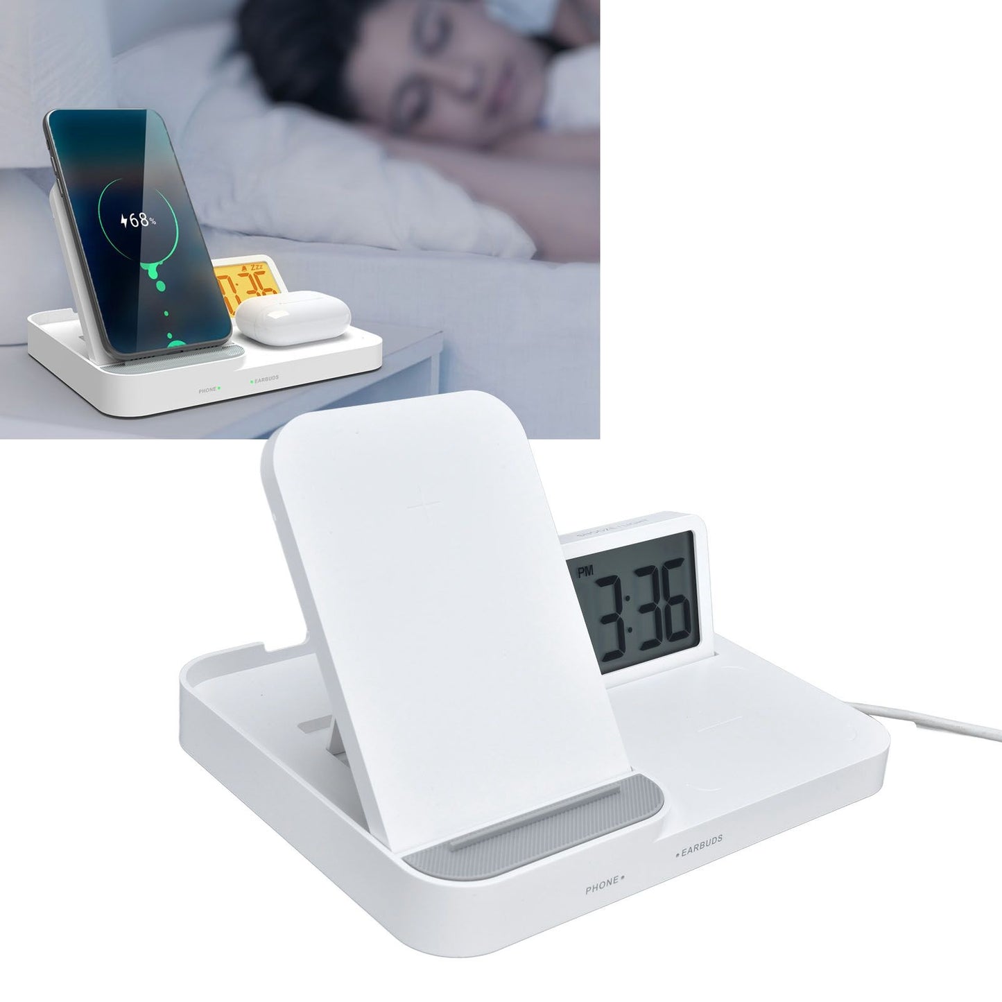 3 in 1 LCD Digital Alarm Clock with Phone Earphone Wireless Charger USB Powered for Home Office White