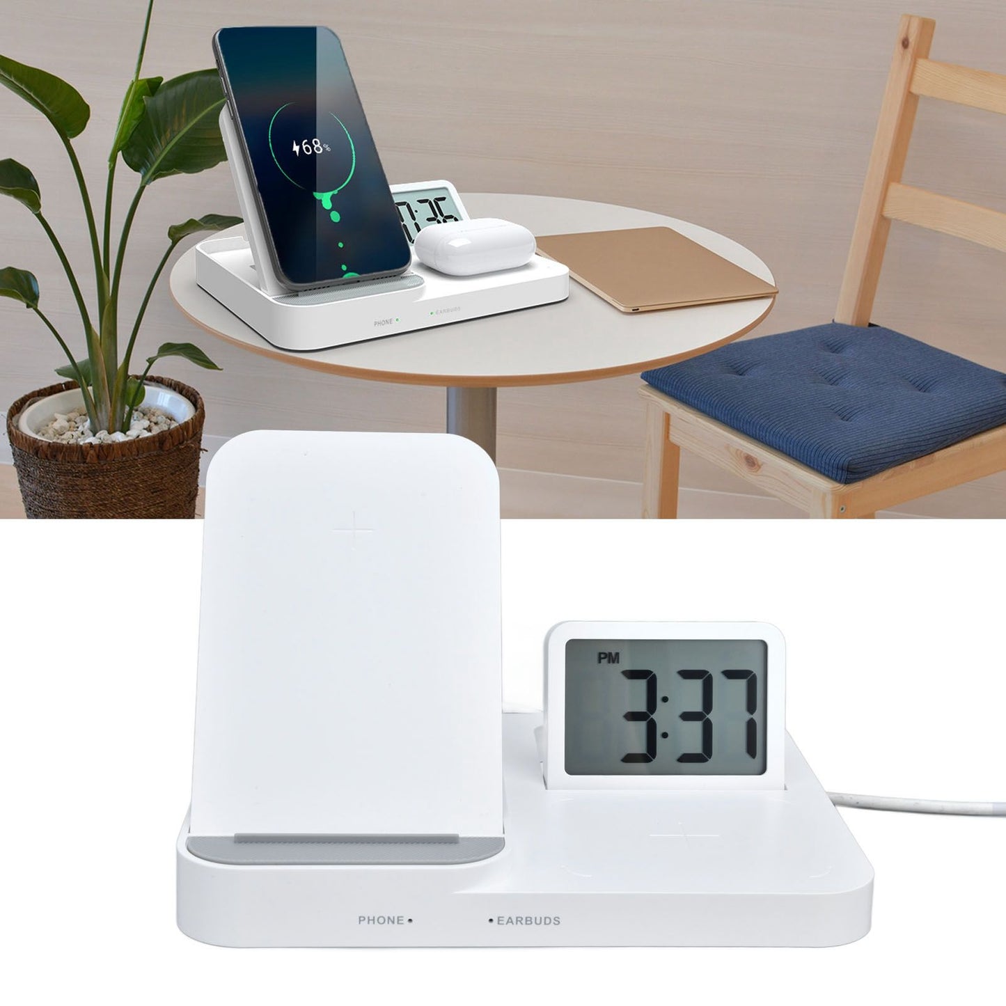 3 in 1 LCD Digital Alarm Clock with Phone Earphone Wireless Charger USB Powered for Home Office White