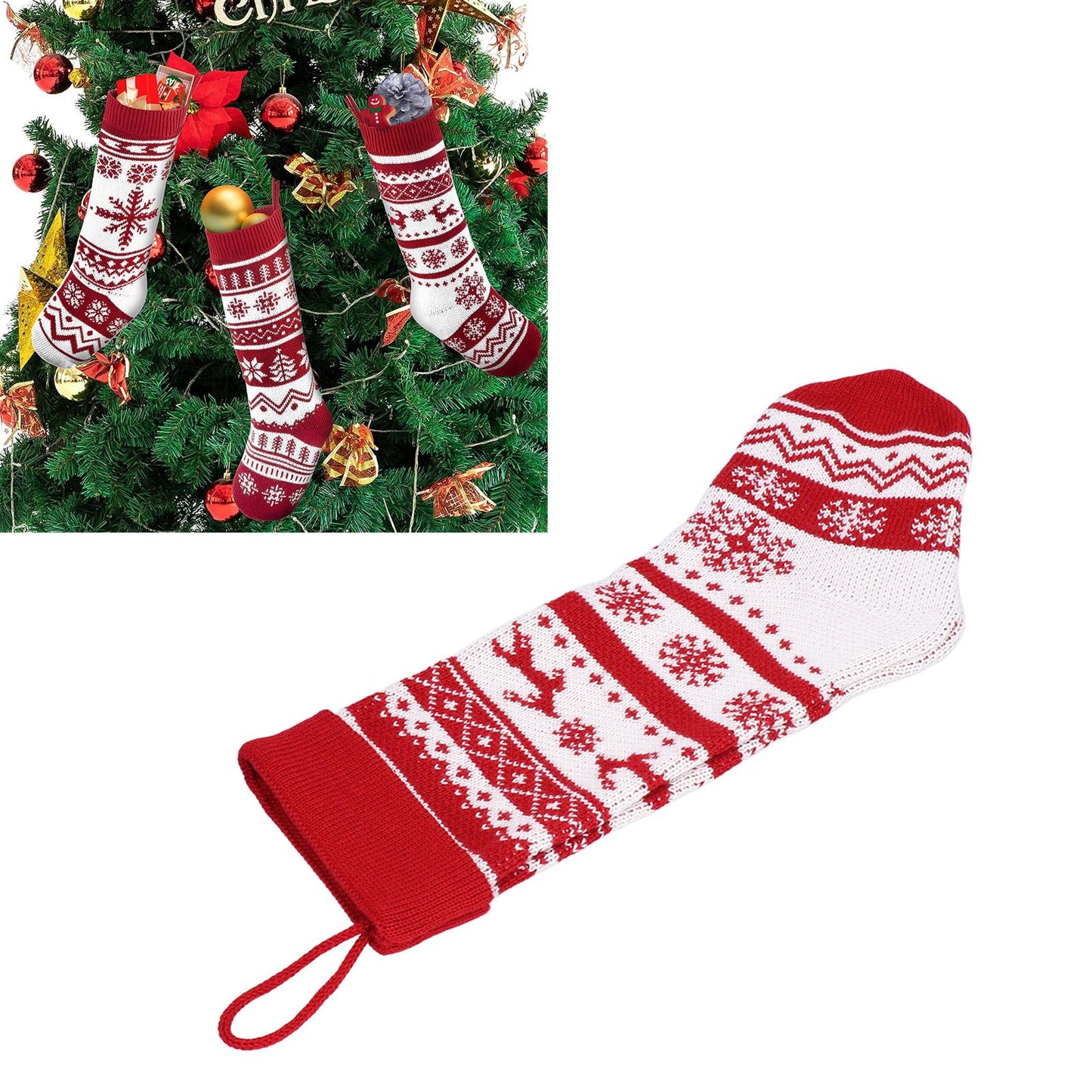 Large Knitted Christmas Stocking with Candy Bag Lovely Christmas Decorations Hanging StockingsDouble Deer