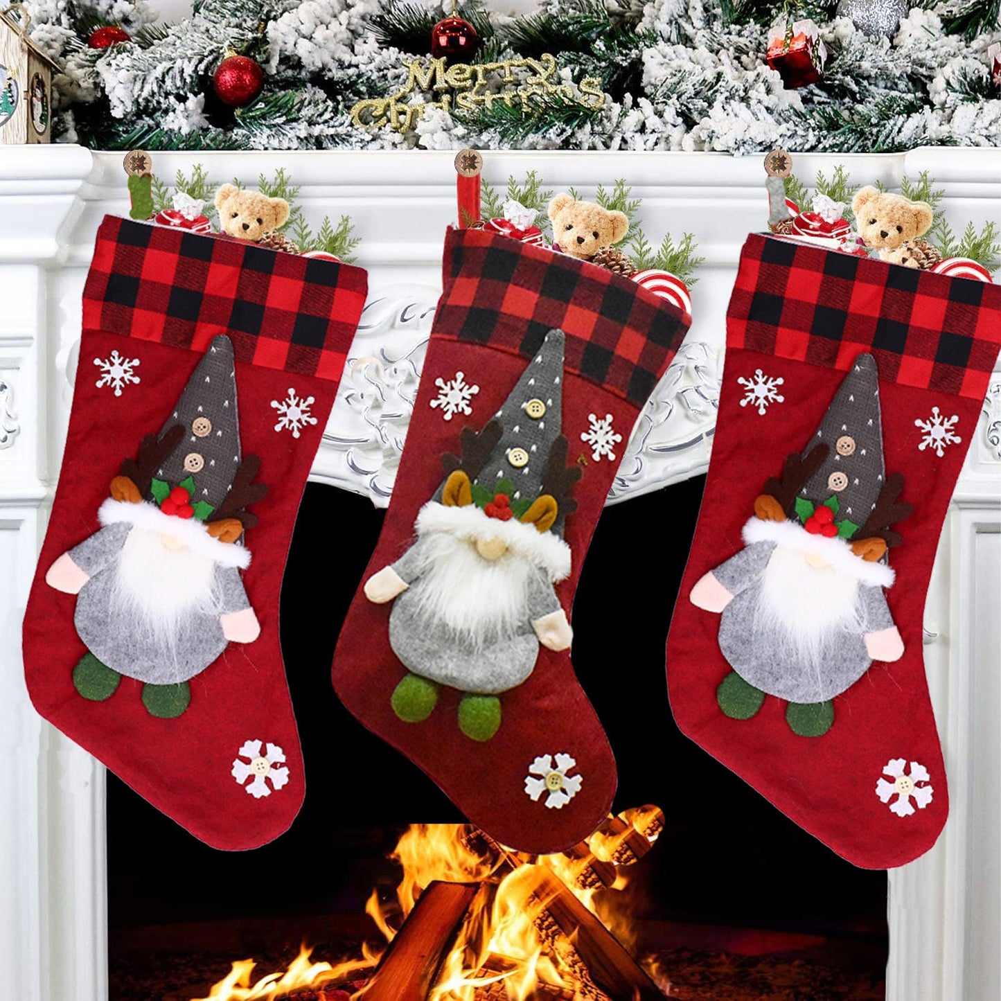 Christmas Stocking with Faceless Doll Decor Home Shop Party Xmas Tree Gift Bag Ornament PendantRed