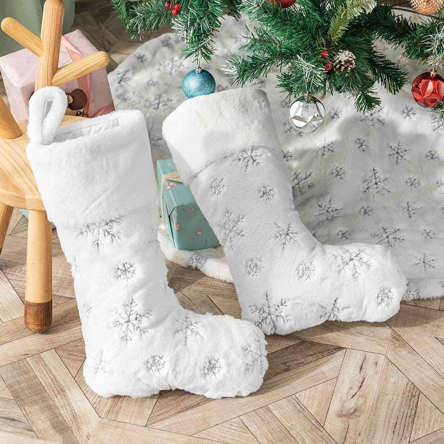 Polyester Christmas Stocking Pendant with Embroidery Snowflake Pattern Xmas Tree Decoration OrnamentSilver