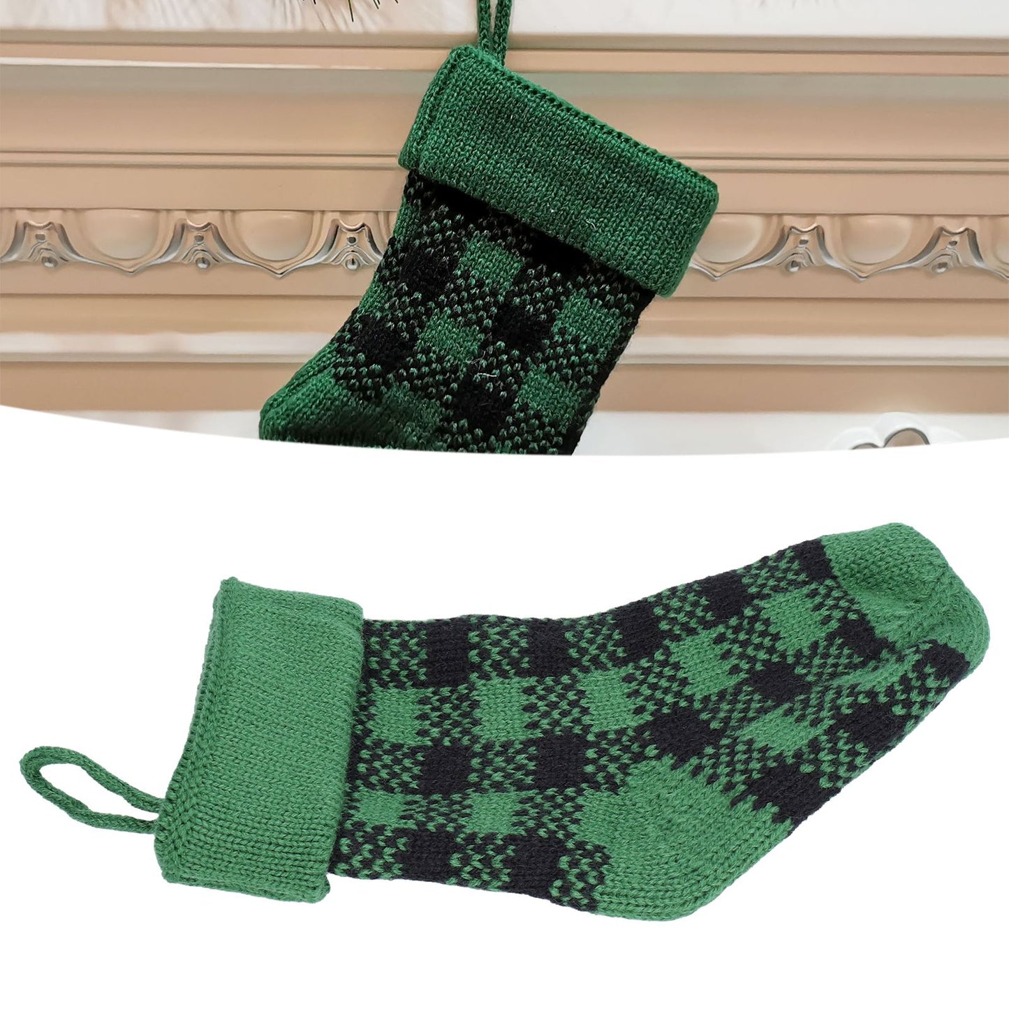 Mini Knitting Christmas Stocking Acrylic Fiber Xmas Tree Hanging Pendant Ornament Home Party Decoration(Black Green )