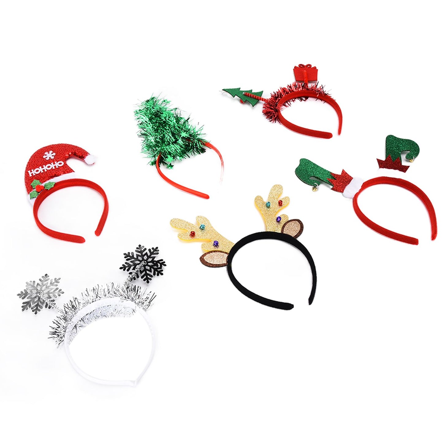 6Pcs Christmas Headband Christmas Tree Reindeer Snowflake Santa Hat Holiday Party Headgear for Christmas Party