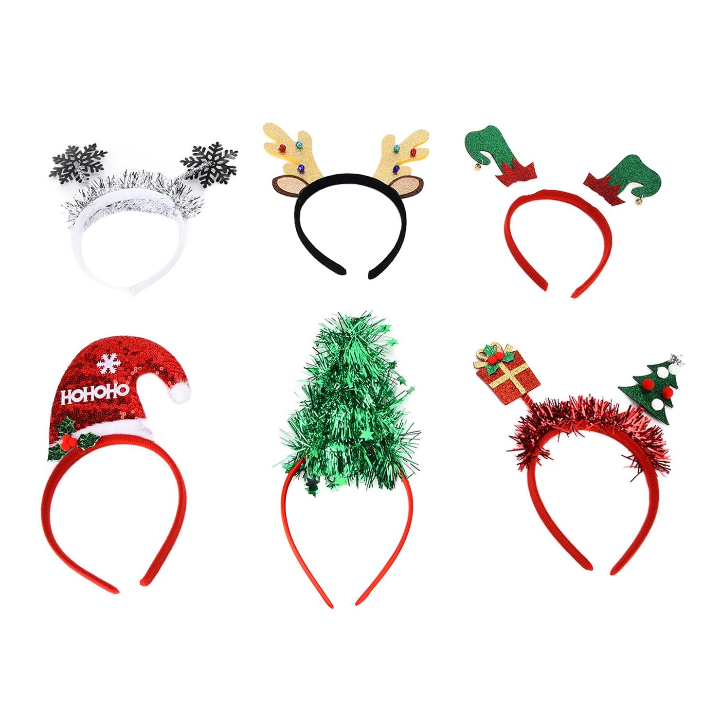 6Pcs Christmas Headband Christmas Tree Reindeer Snowflake Santa Hat Holiday Party Headgear for Christmas Party
