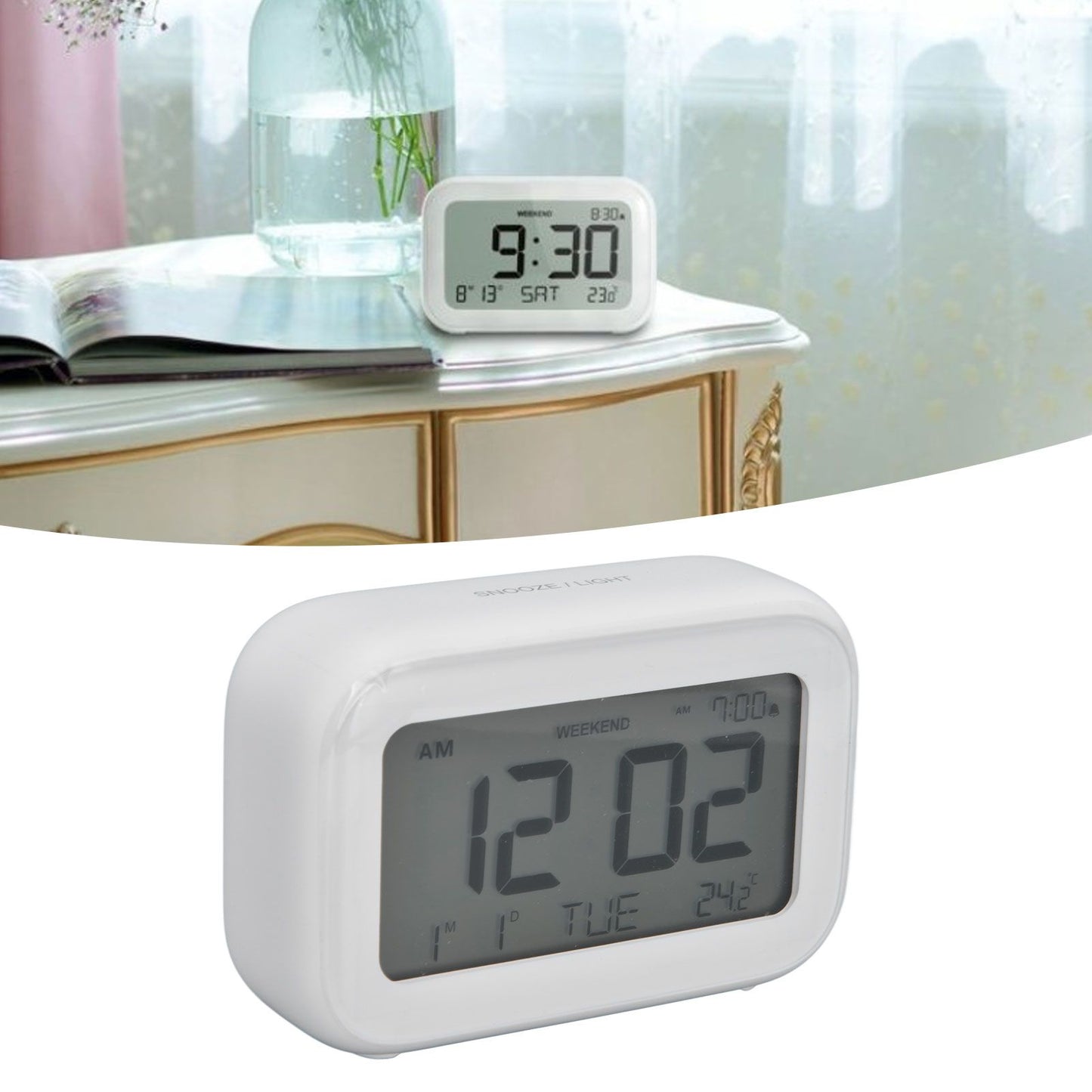 Mini Digital Alarm Clock with LCD Screen Snooze Function 12H 24H Formats for Bedroom Travel Office White