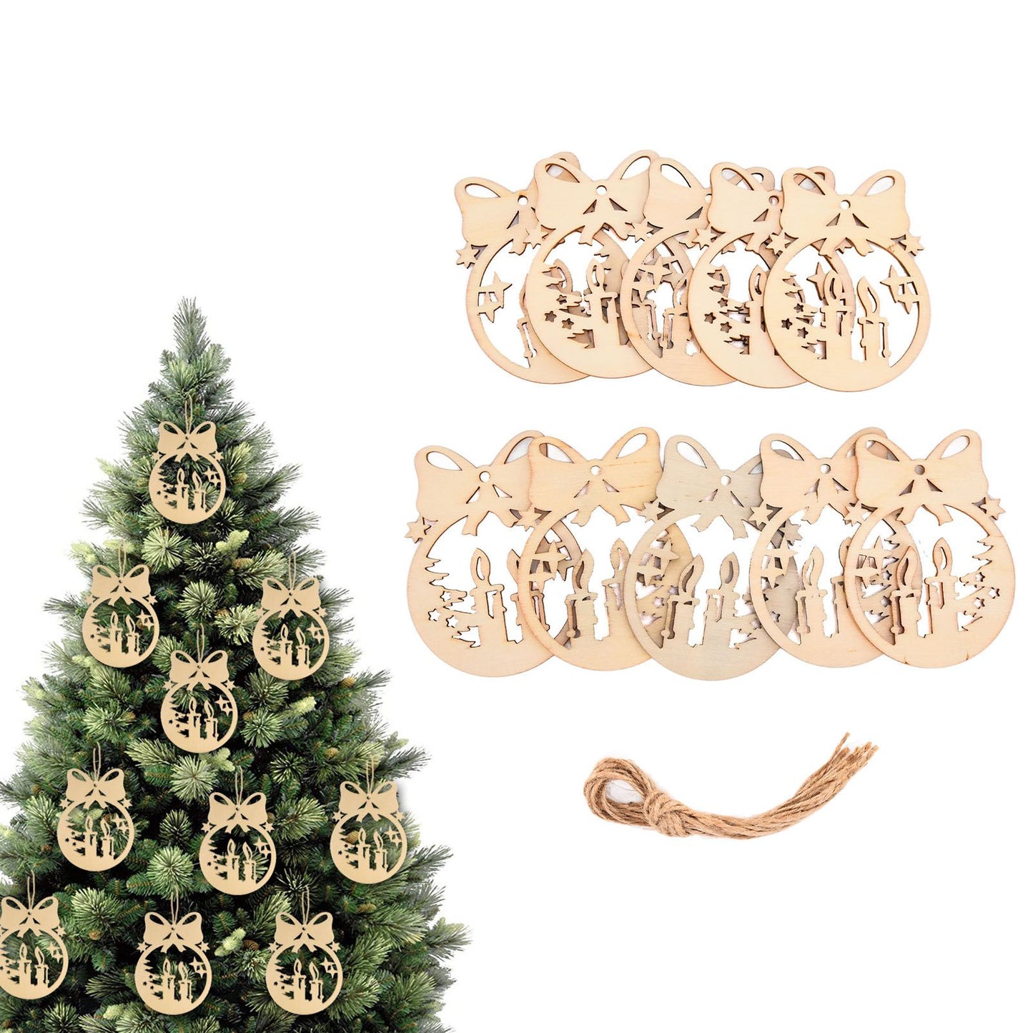 40Pcs Wooden Christmas Tree Decor Hanging Ornaments Set Hollow Wood Tree Pendant for Festival Party Celebration