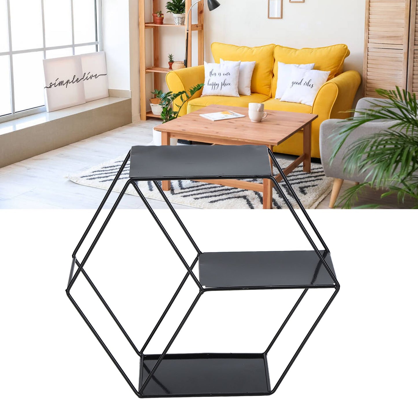 Hex Shelves Simple Wrought Iron Hexagonal Bedroom Living Room Office Wall Shelf DecorationBlack