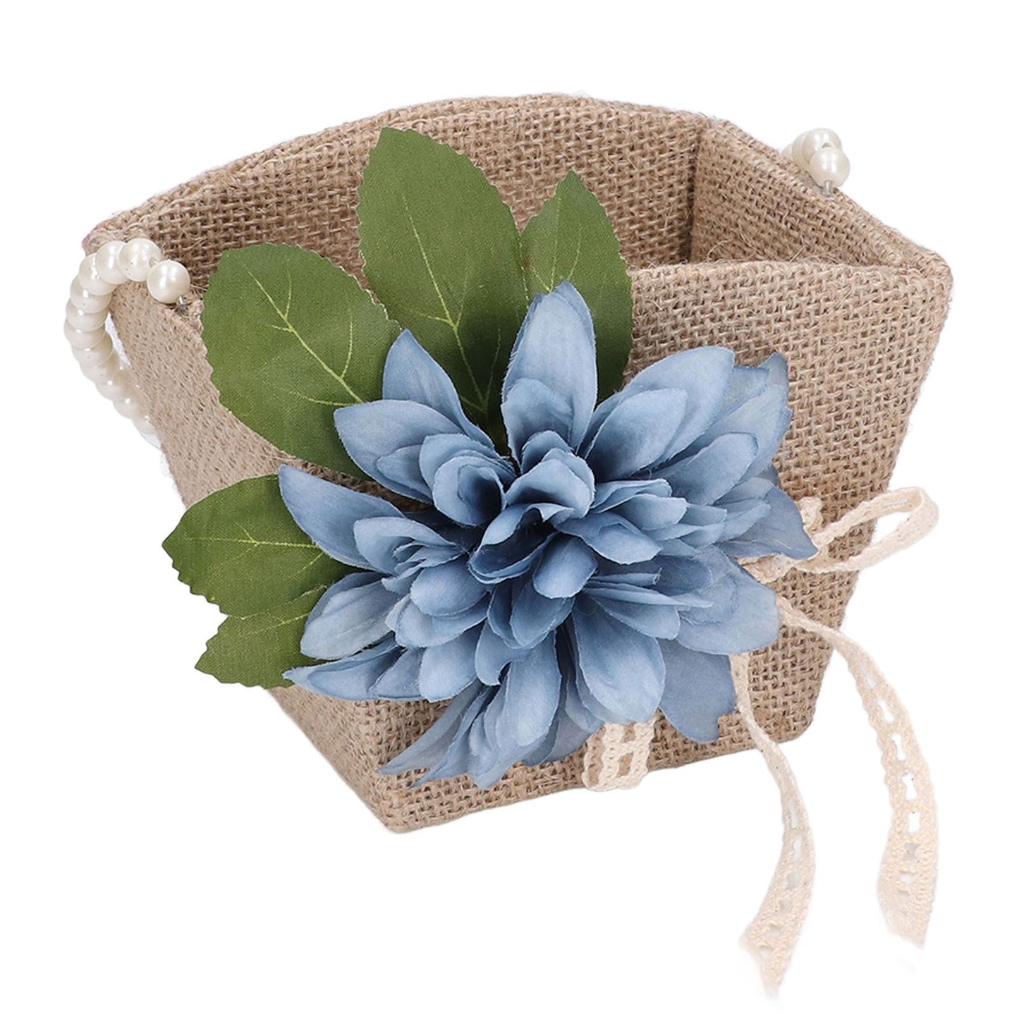 Flower Girl Basket Retro Linen Lovely Appearance Pearl Handle Light Weight Pearl Portable Flower Basket for WeddingsNumber 1