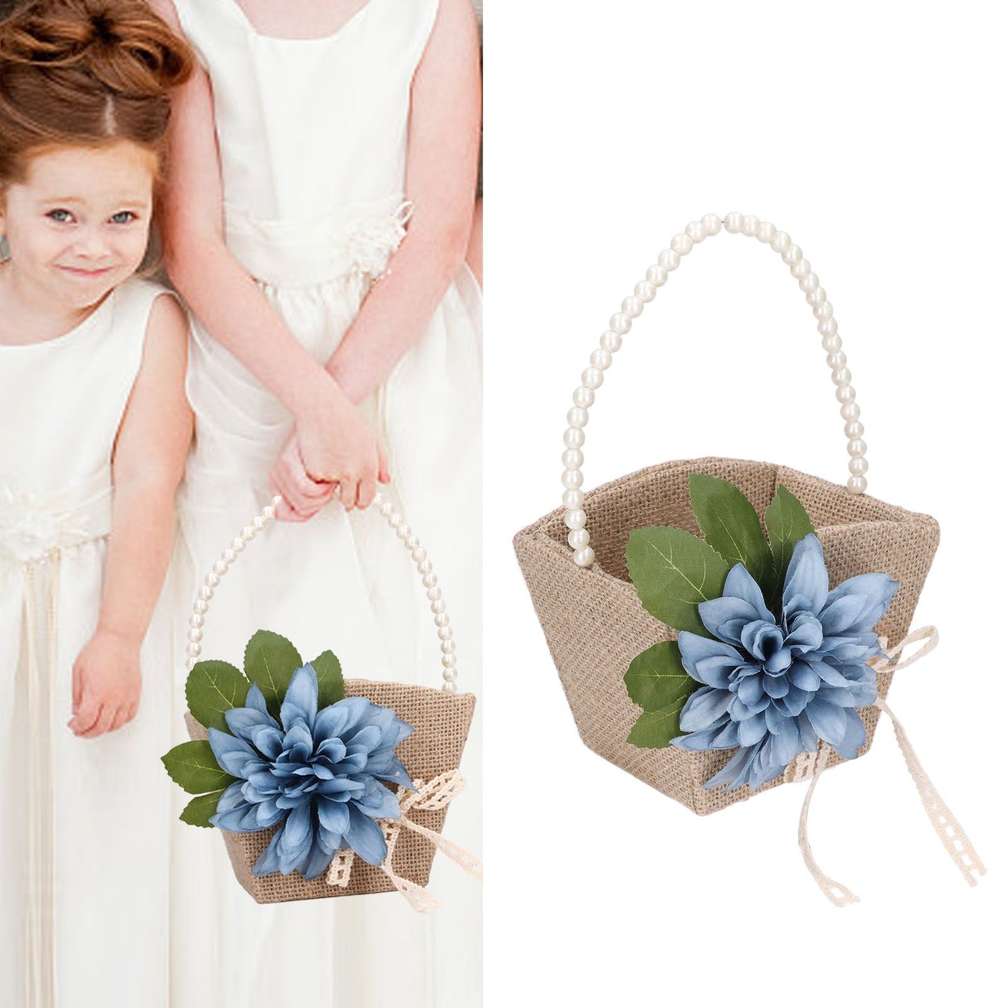 Flower Girl Basket Retro Linen Lovely Appearance Pearl Handle Light Weight Pearl Portable Flower Basket for WeddingsNumber 1