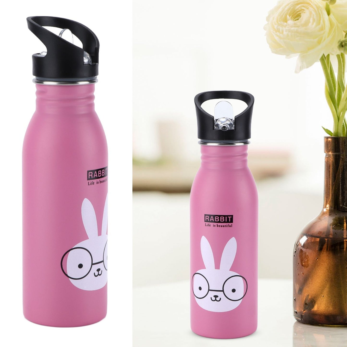 Stainless Steel Sport Water Bottle 500ml Cute Vacuum Insulated Water Bottle with Sucking Mouth for Outdoor SportsPink Bunny
