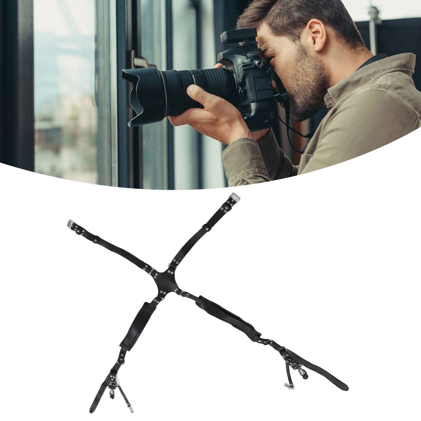 Camera Strap Dual Shoulder PU Leather Harness with D Rings Outdoor Photography Accessories