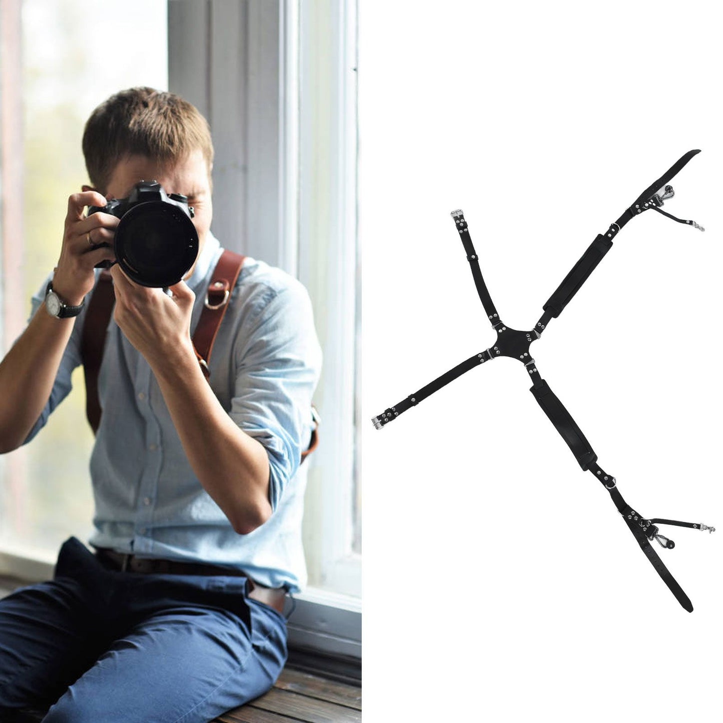 Camera Strap Dual Shoulder PU Leather Harness with D Rings Outdoor Photography Accessories