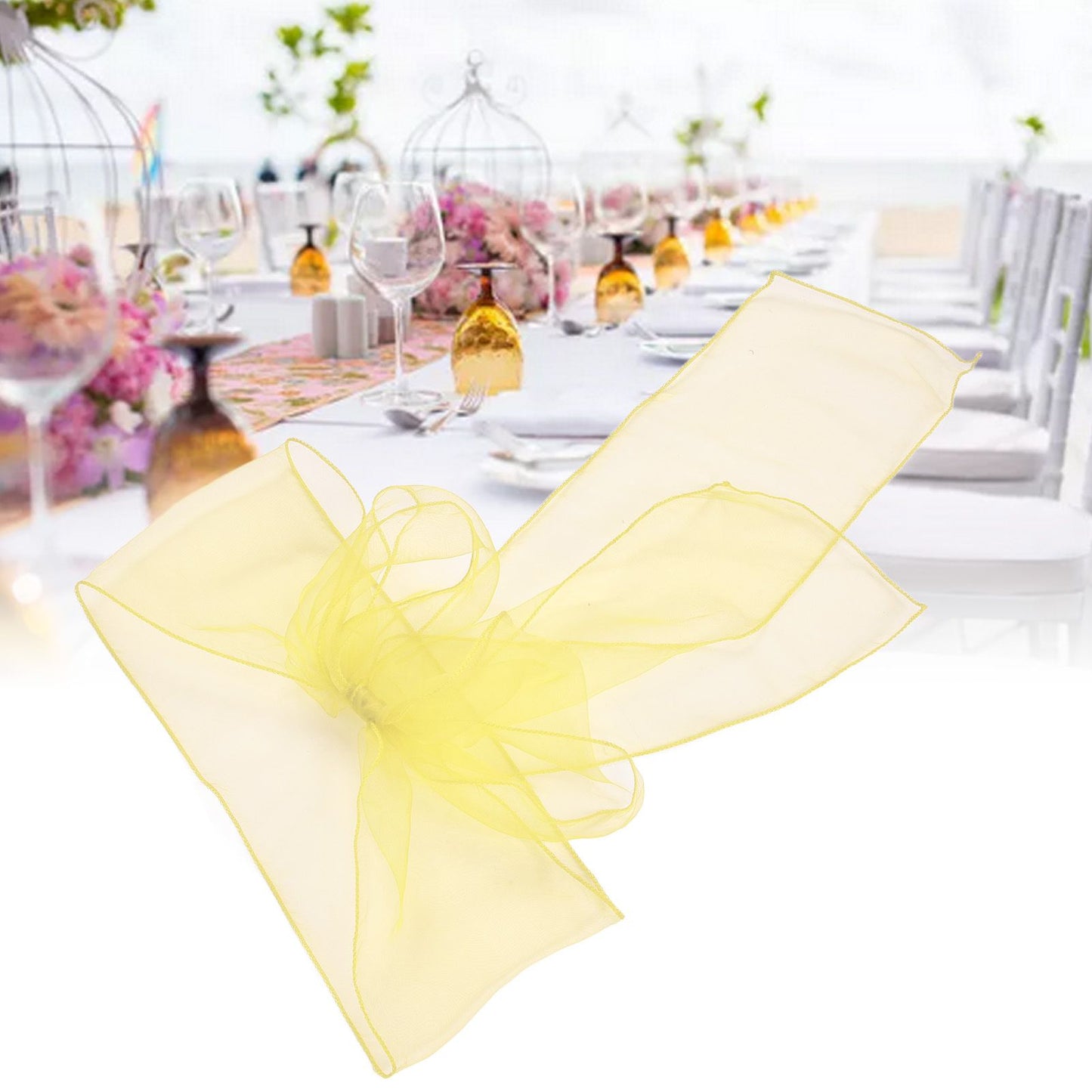 10Pcs Organza Banquet Chair Sash Exquisite Chair Bows Sashes for Wedding Party DecorationBright Yellow