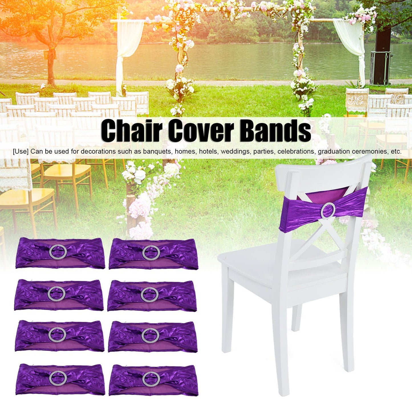 10Pcs Chair Cover Bands Elastic Stretch Sashes Bows for Wedding Banquet Hotel DecorationPurple