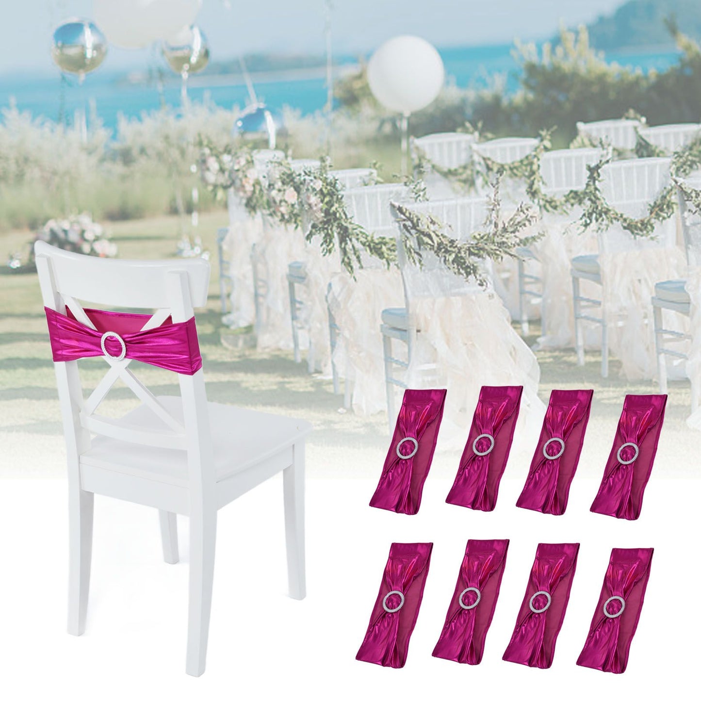 10Pcs Chair Cover Bands Elastic Stretch Sashes Bows for Wedding Banquet Hotel DecorationRose Red