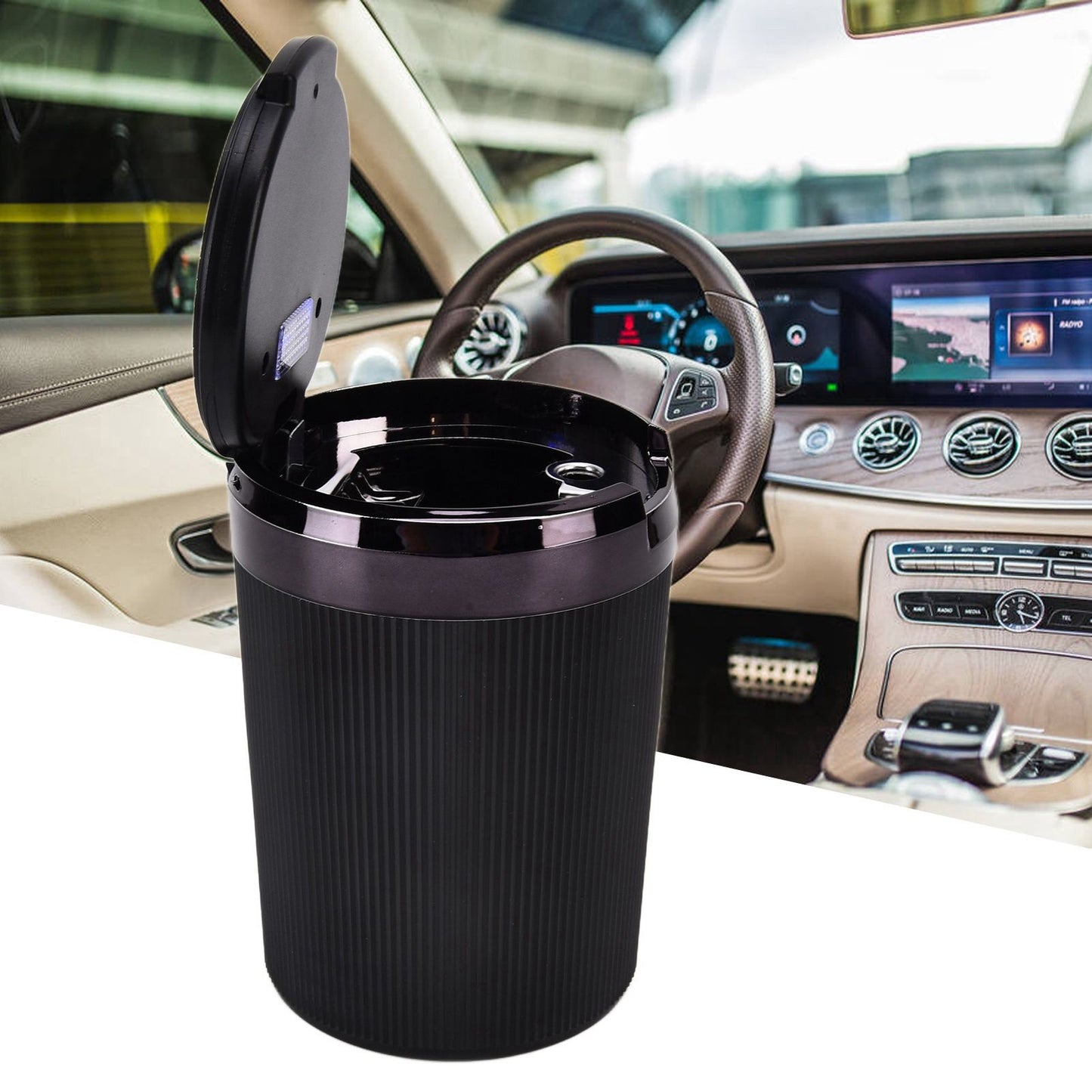 LED Car Ashtray with Lid 3W Portable Automobile Ashtray Car Cigarette Ashtray for Home OfficeBlack